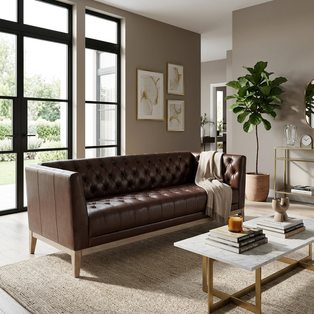 Brown Vegan Leather 3-Seat Chesterfield Sofa, 79.1 in Wide