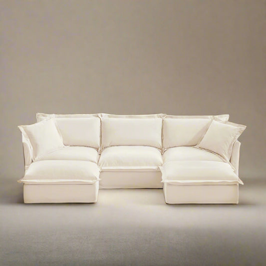 Fluffy Chenille 3-Seat Sofa – Cream with 2 Ottomans, Washable