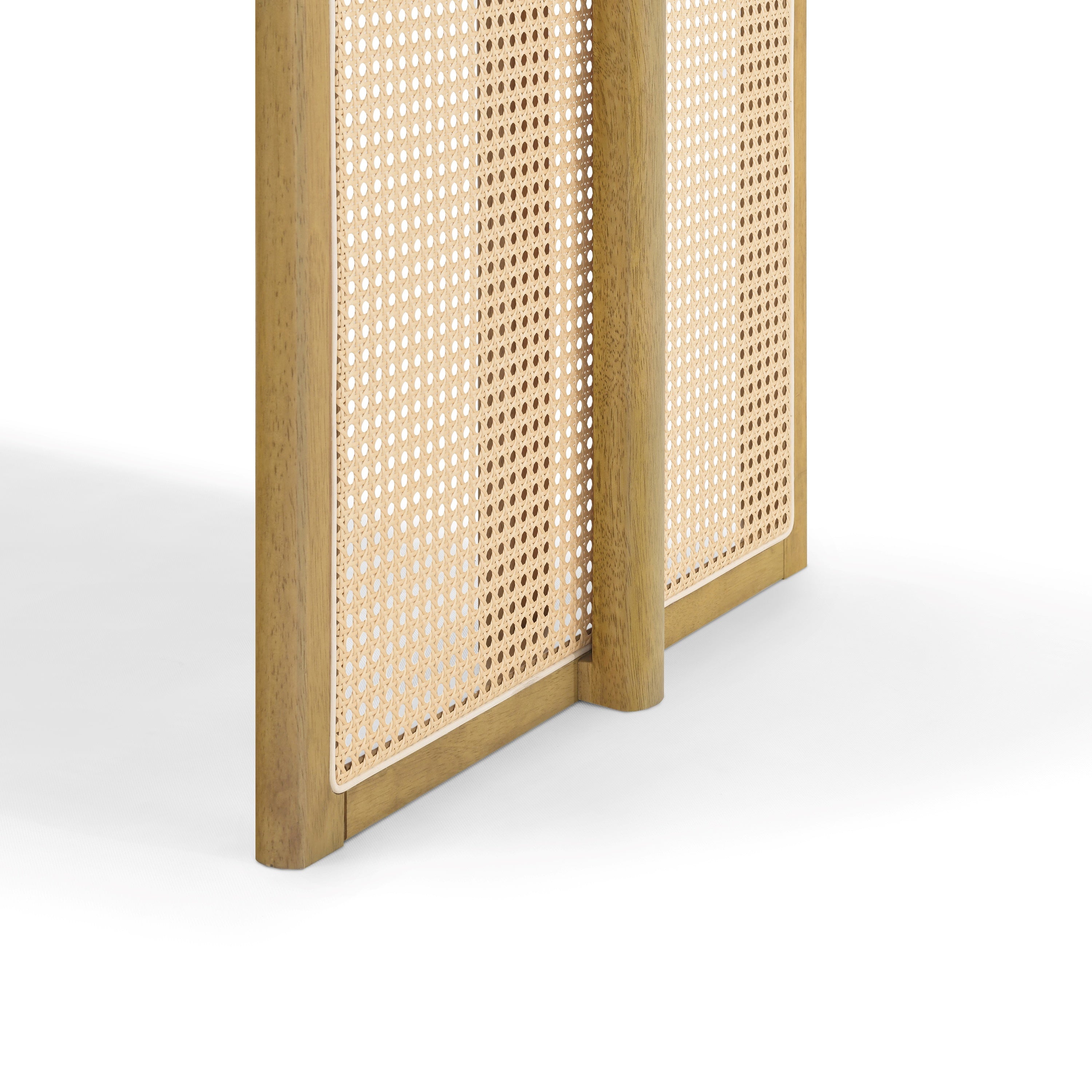 Close-up of a woven cane panel leg base on the natural rubberwood dining table, white background