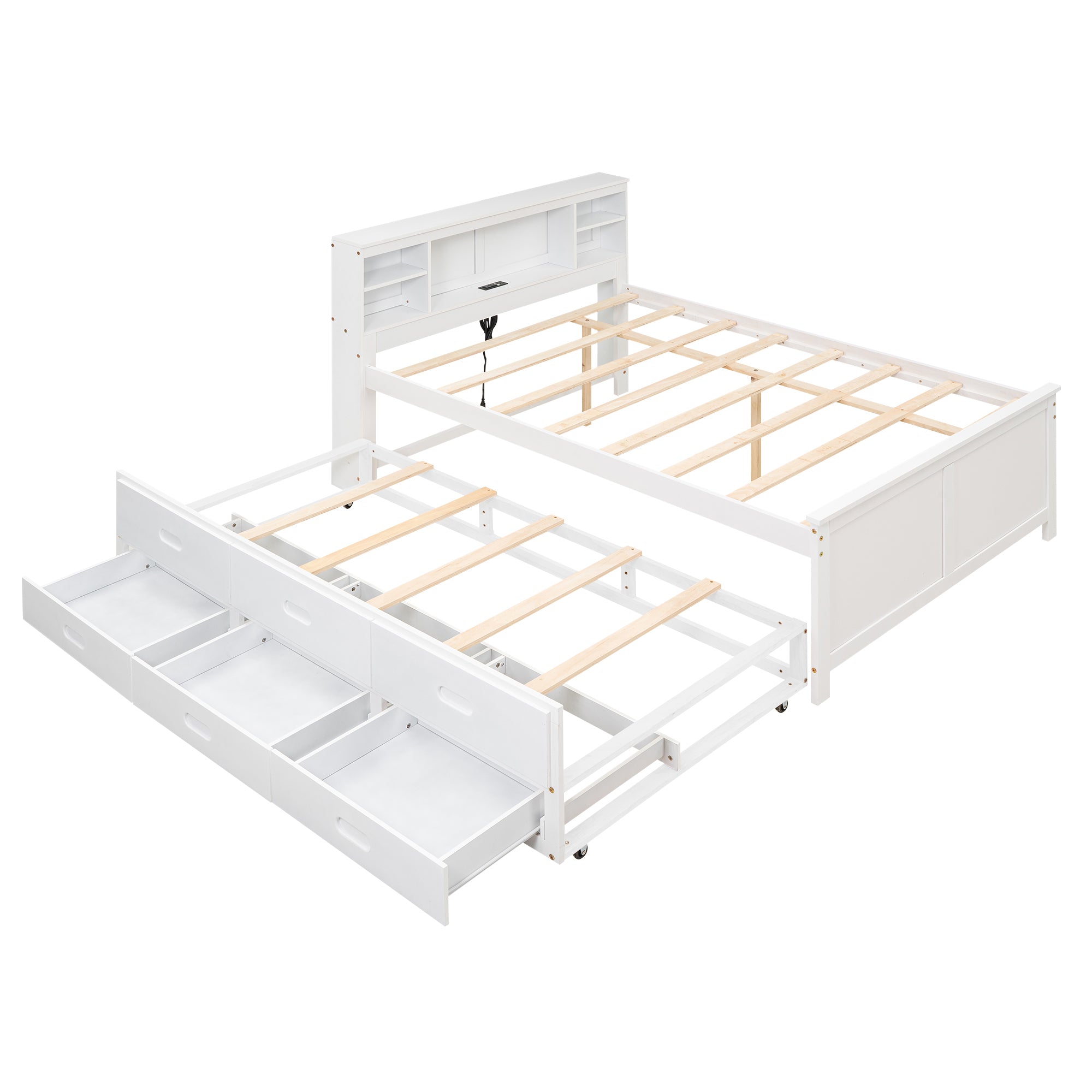 White Full Size Platform Bed with Drawers, Shelves and Trundle
