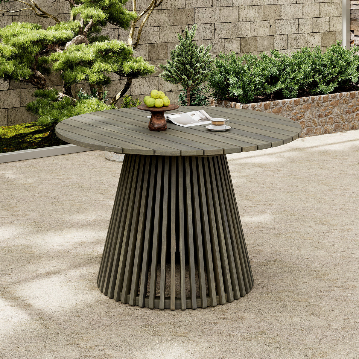 Gray Solid Wood Round Outdoor Dining Table, 47.3 in Wide