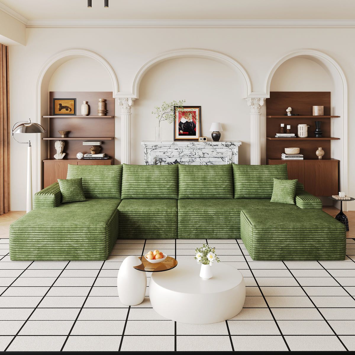 Green Corduroy U-Shaped Sectional with Ottoman, Left-Facing