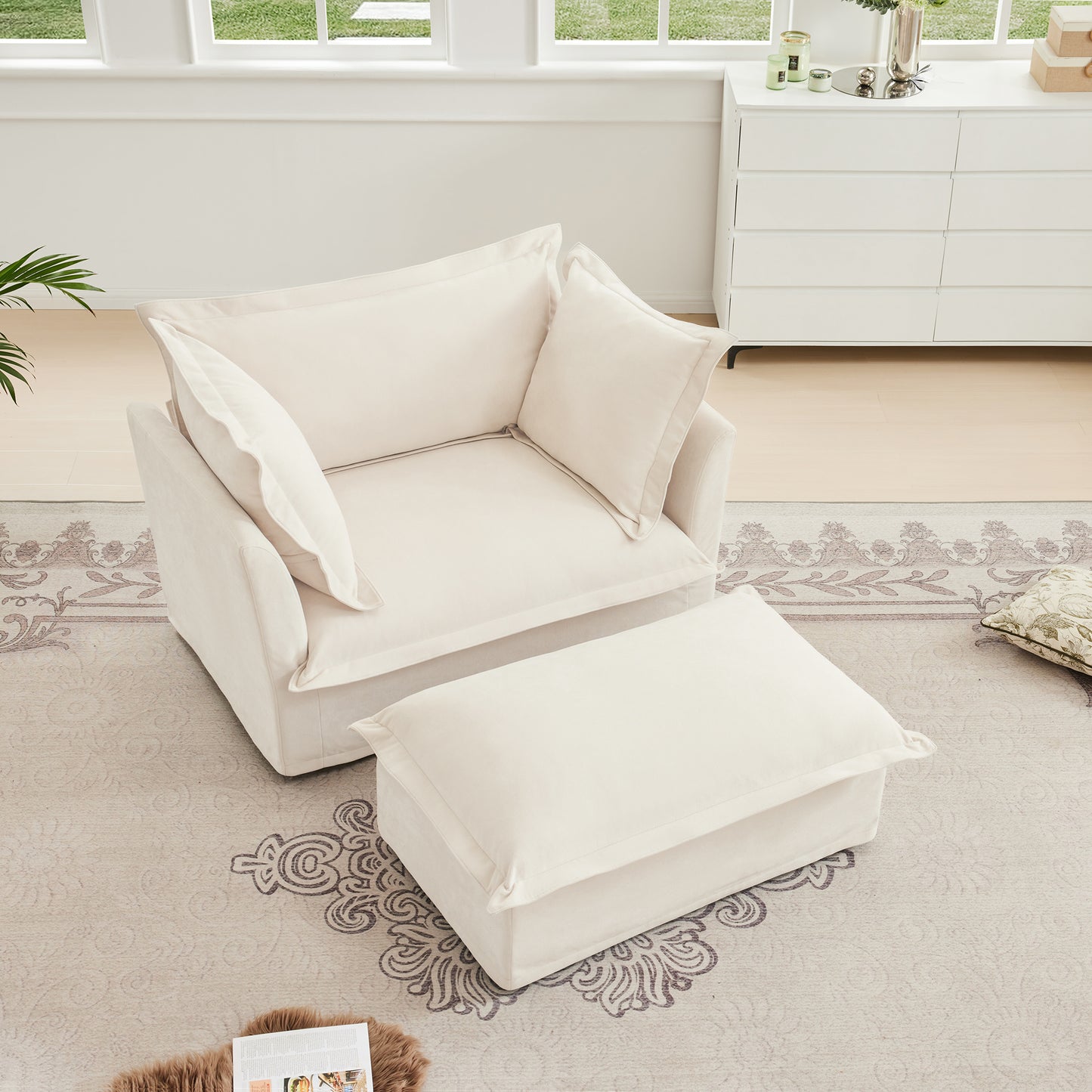Fluffy Chair 1-Seat Sofa – Cream Chenille with Ottoman, Washable
