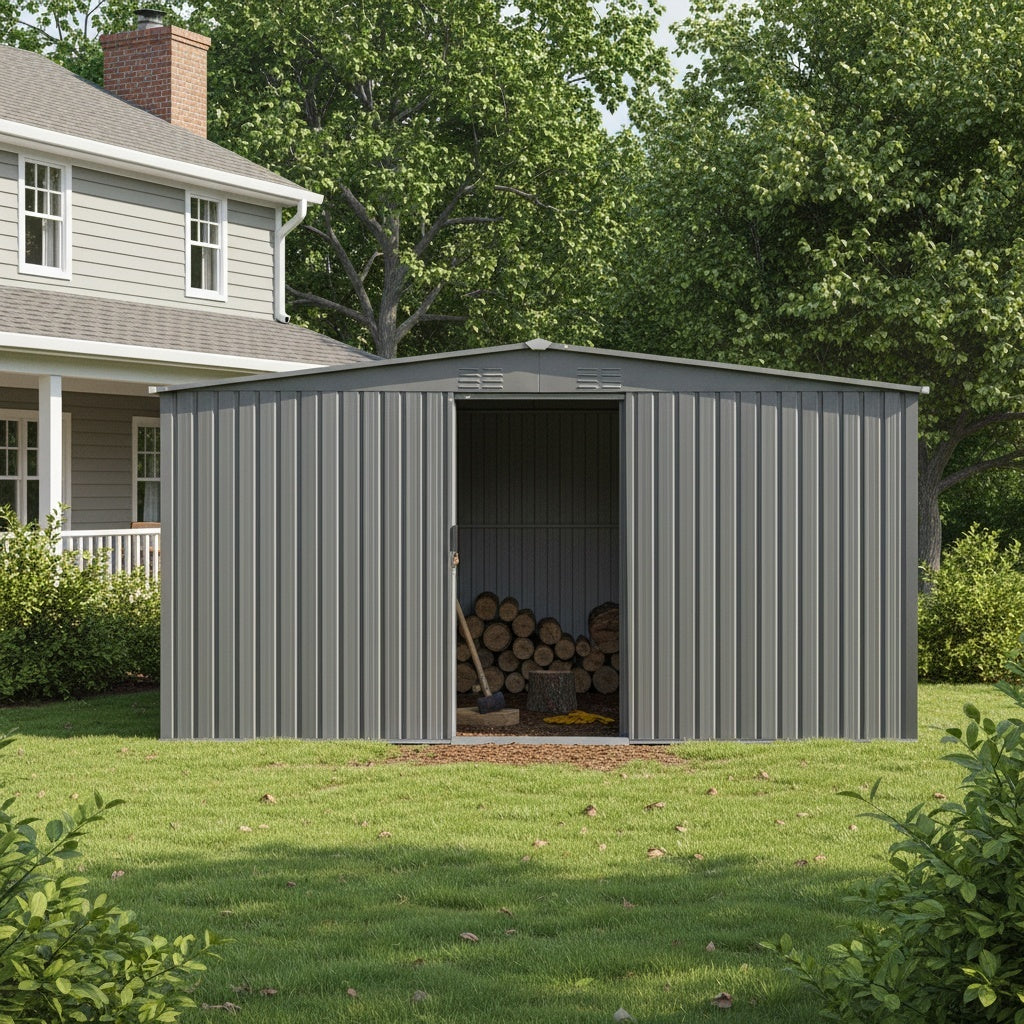 12x14 ft Gray Metal Storage Shed