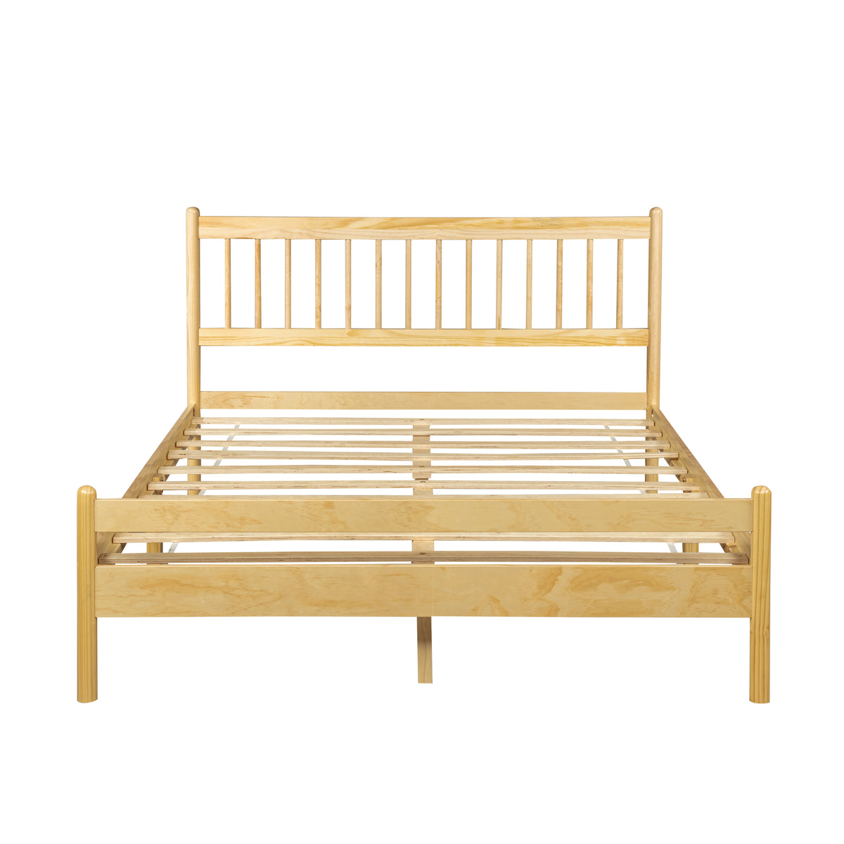Front view of the empty natural pine bed frame with slats and spindle headboard