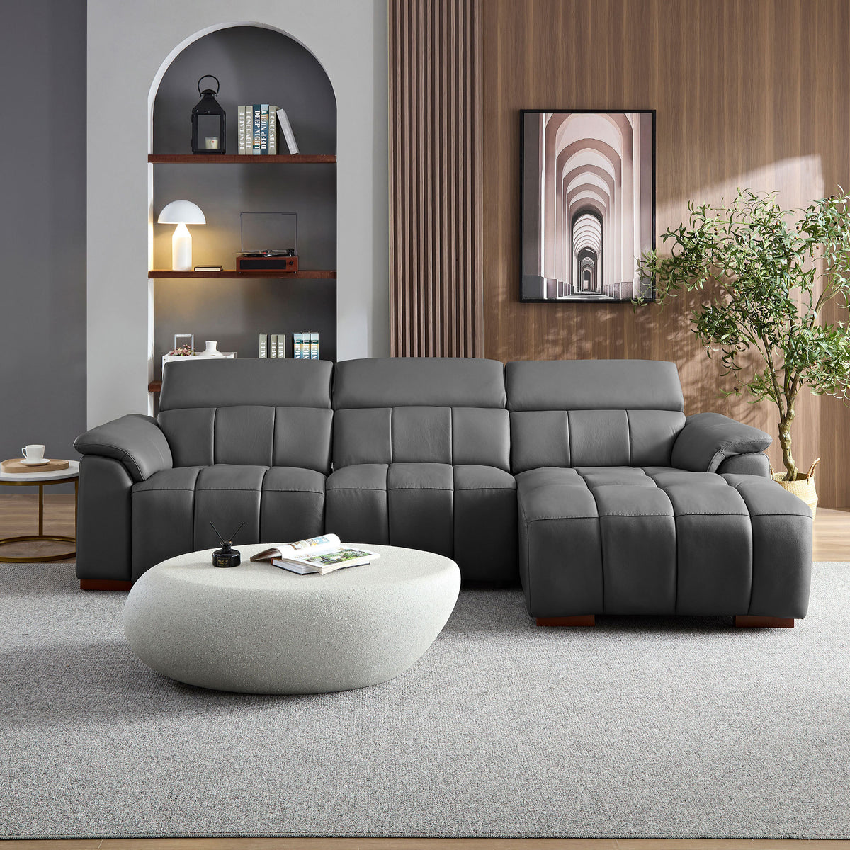 Gray Genuine Leather Power L-Shaped Reclining Sectional, Right-Facing