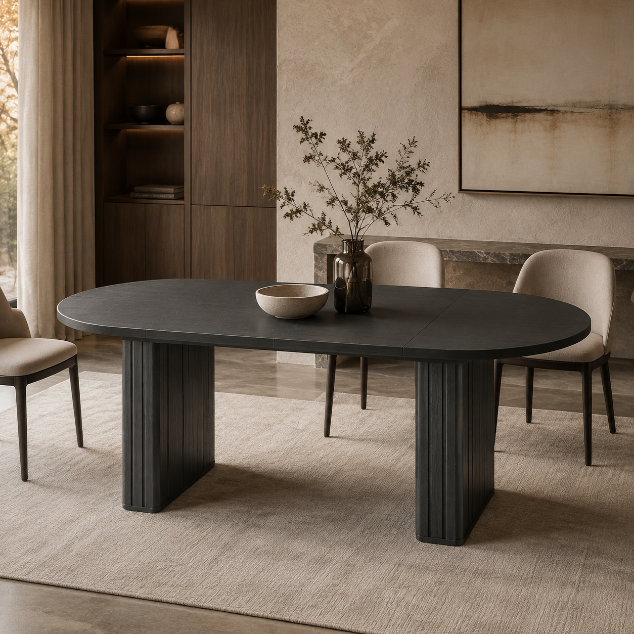 Oval Extendable Dining Table, Black MDF - Center Leaf