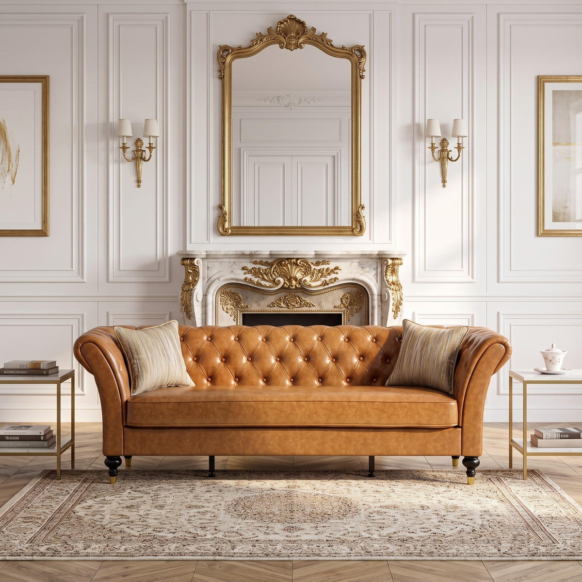 Light Brown Vegan Leather 3-Seat Chesterfield Sofa