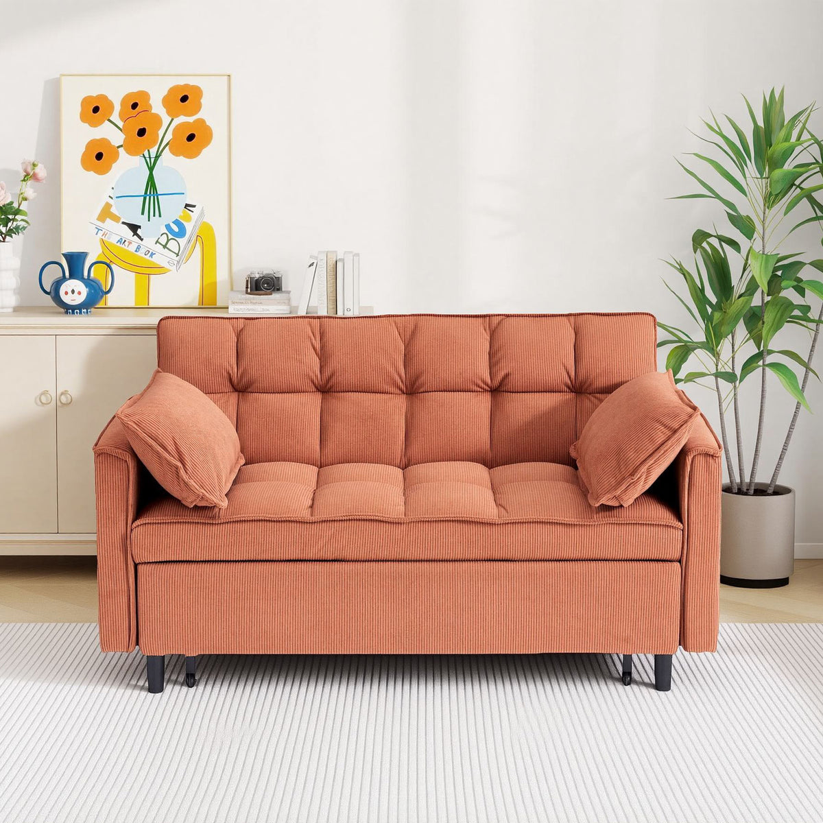 Orange Corduroy Sleeper Loveseat, 54.3 in Wide
