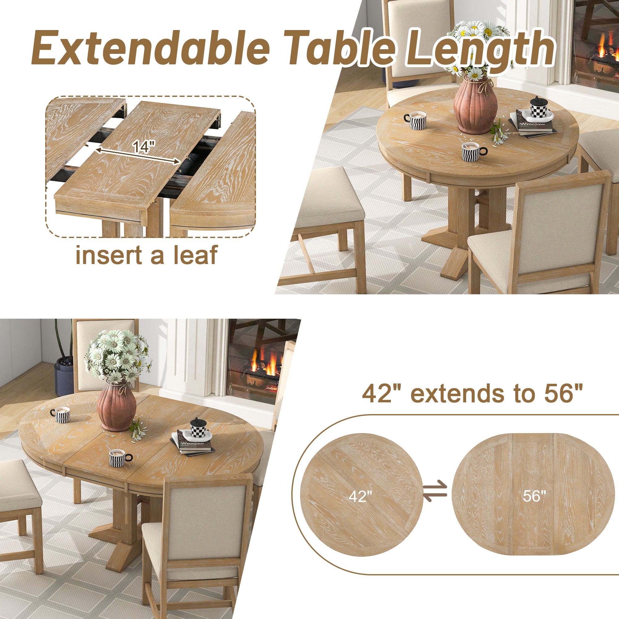 Feature graphic showing a 14 in leaf inserted to extend the round top to an oval, with chairs