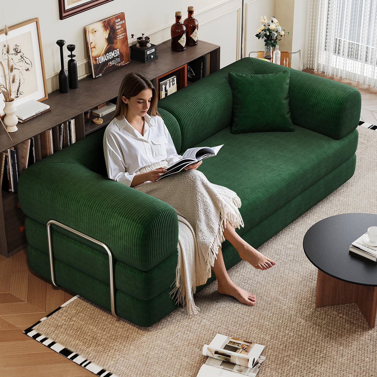 Green Corduroy Modular Sleeper Sectional, No Assembly, 78.8 in Wide