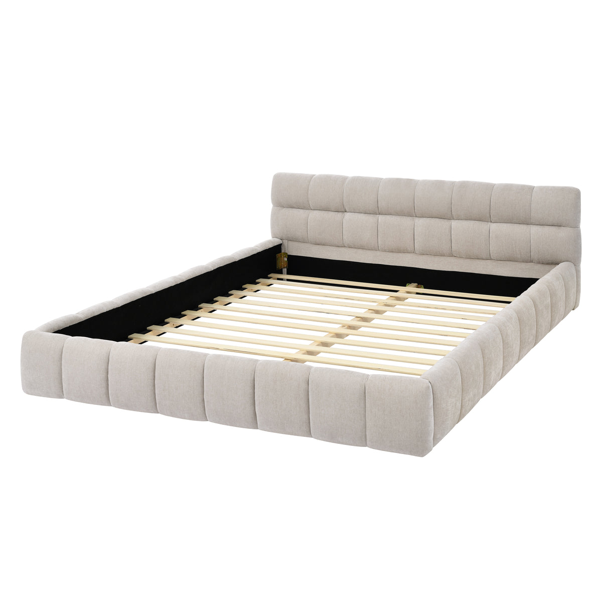 Beige chenille channel-tufted platform bed frame, angled view on white with exposed wood slats