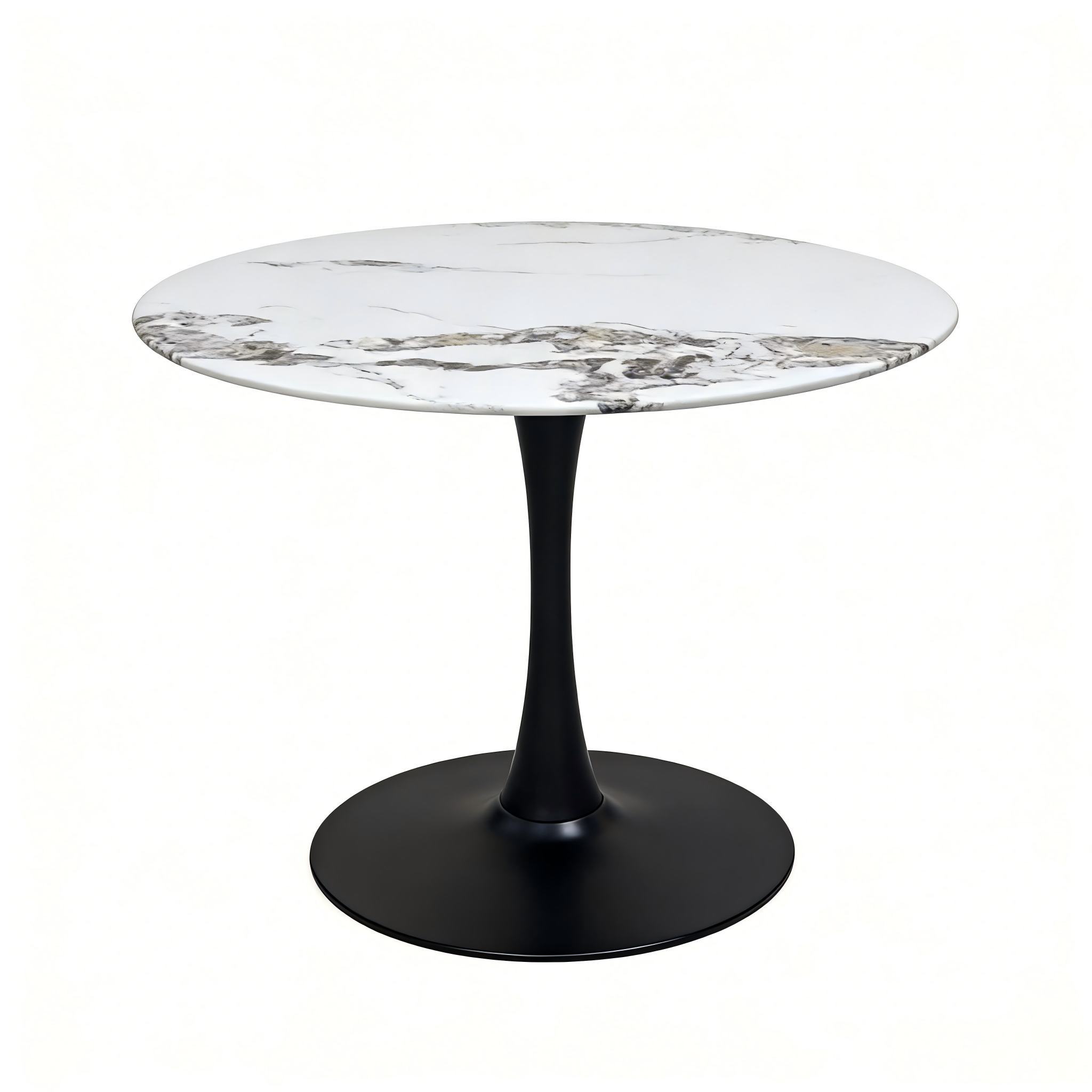 Front studio view of white faux marble round top on a black tulip pedestal base