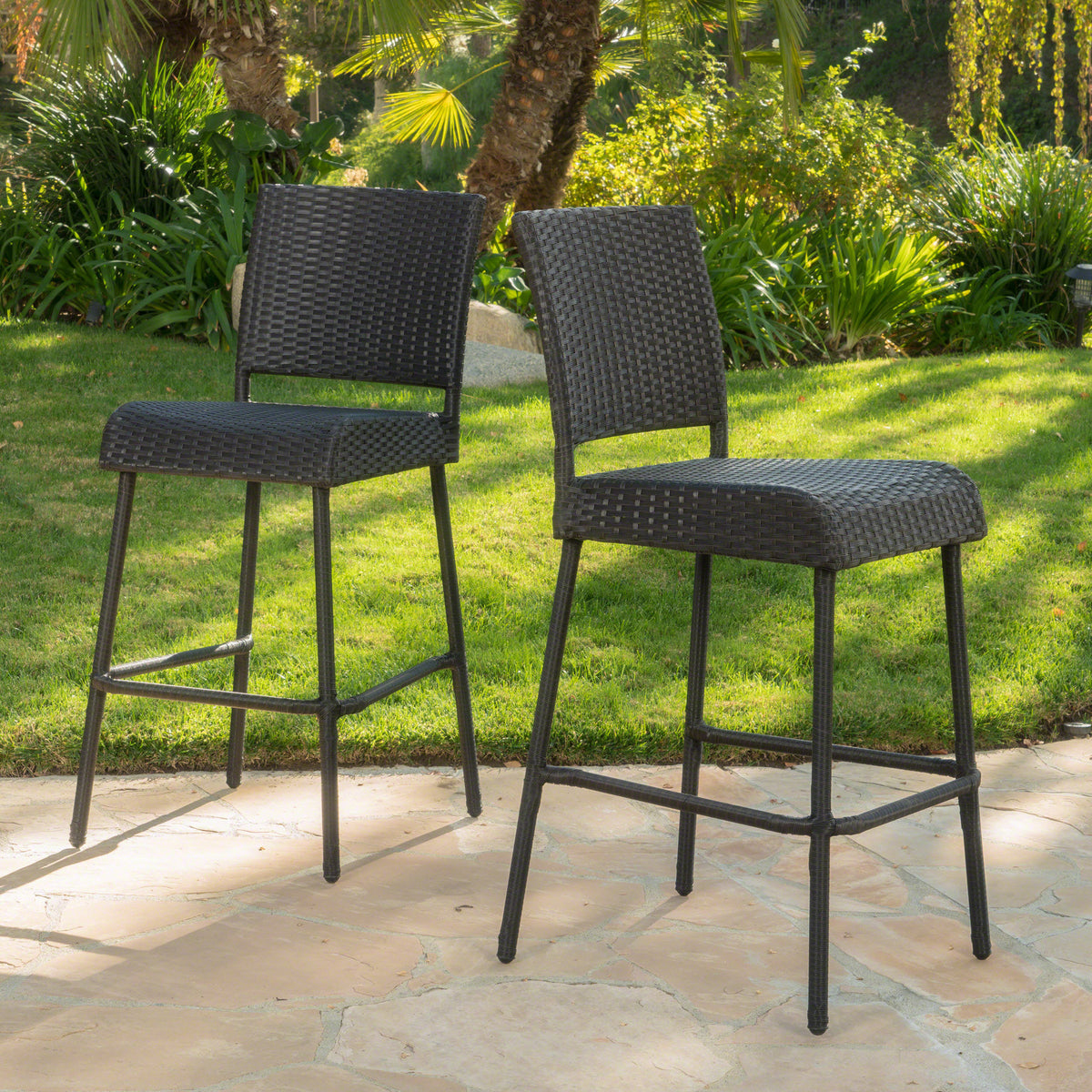 Dark Brown Wicker Outdoor Bar Stool, Set of 2, Armless