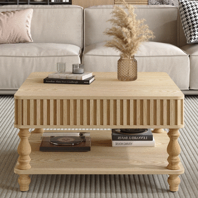 Natural Square Fluted Lift-Top Coffee Table, 31.5 in