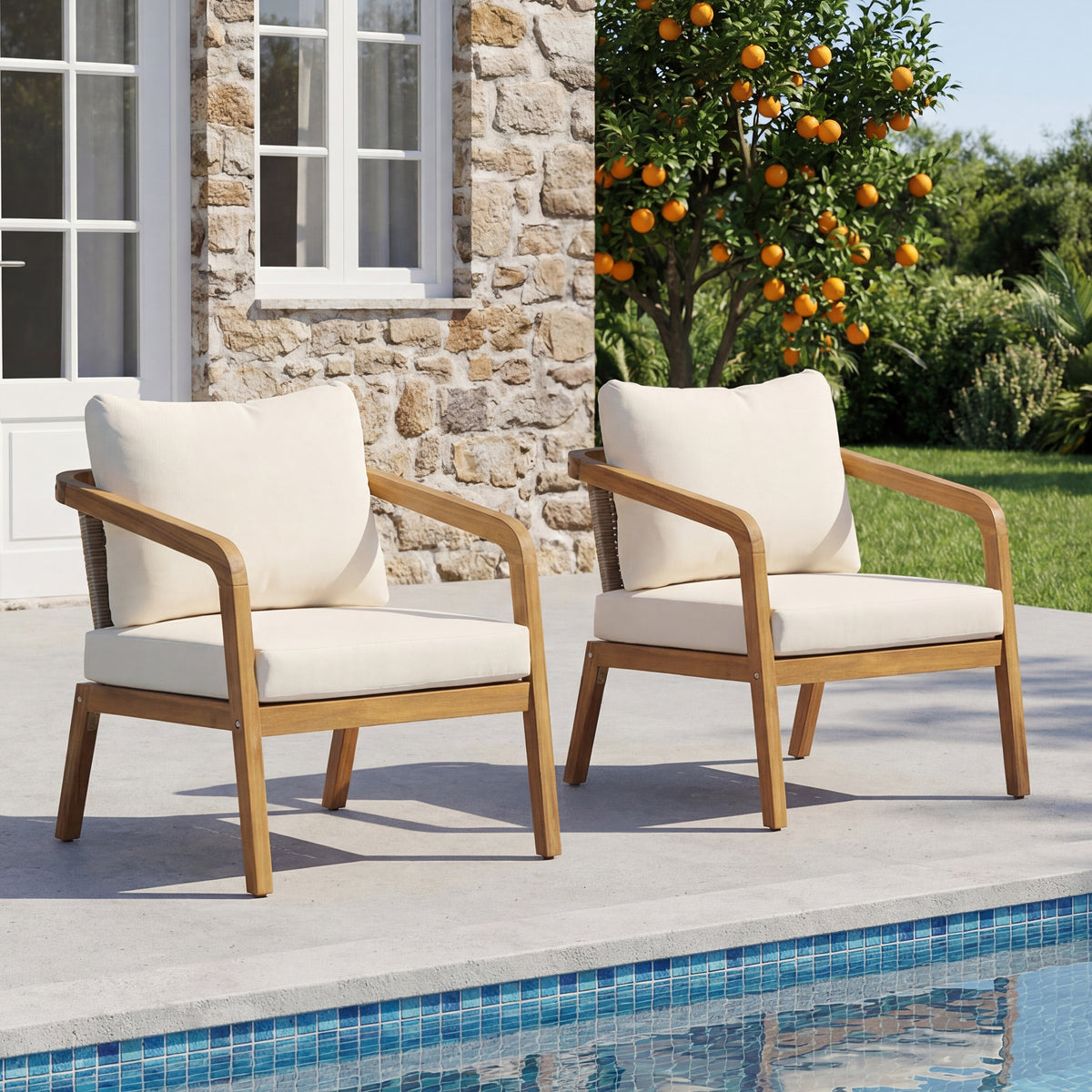 Teak Finish Solid Wood Outdoor Lounge Chair, Set of 2, 31.9 in Tall