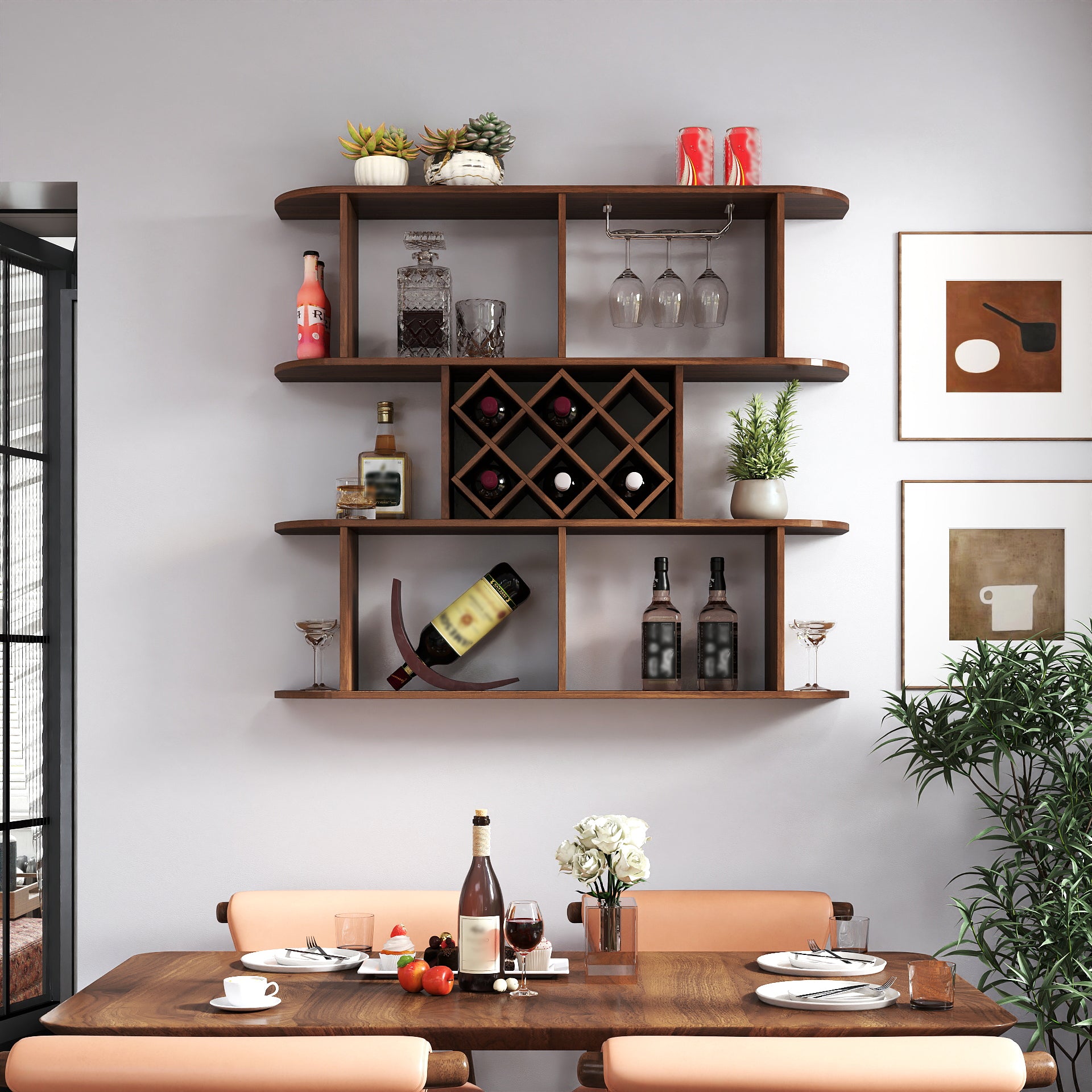 Wall-Mounted Wine Rack, 3-Tier Walnut Display Shelf with Glass Holder