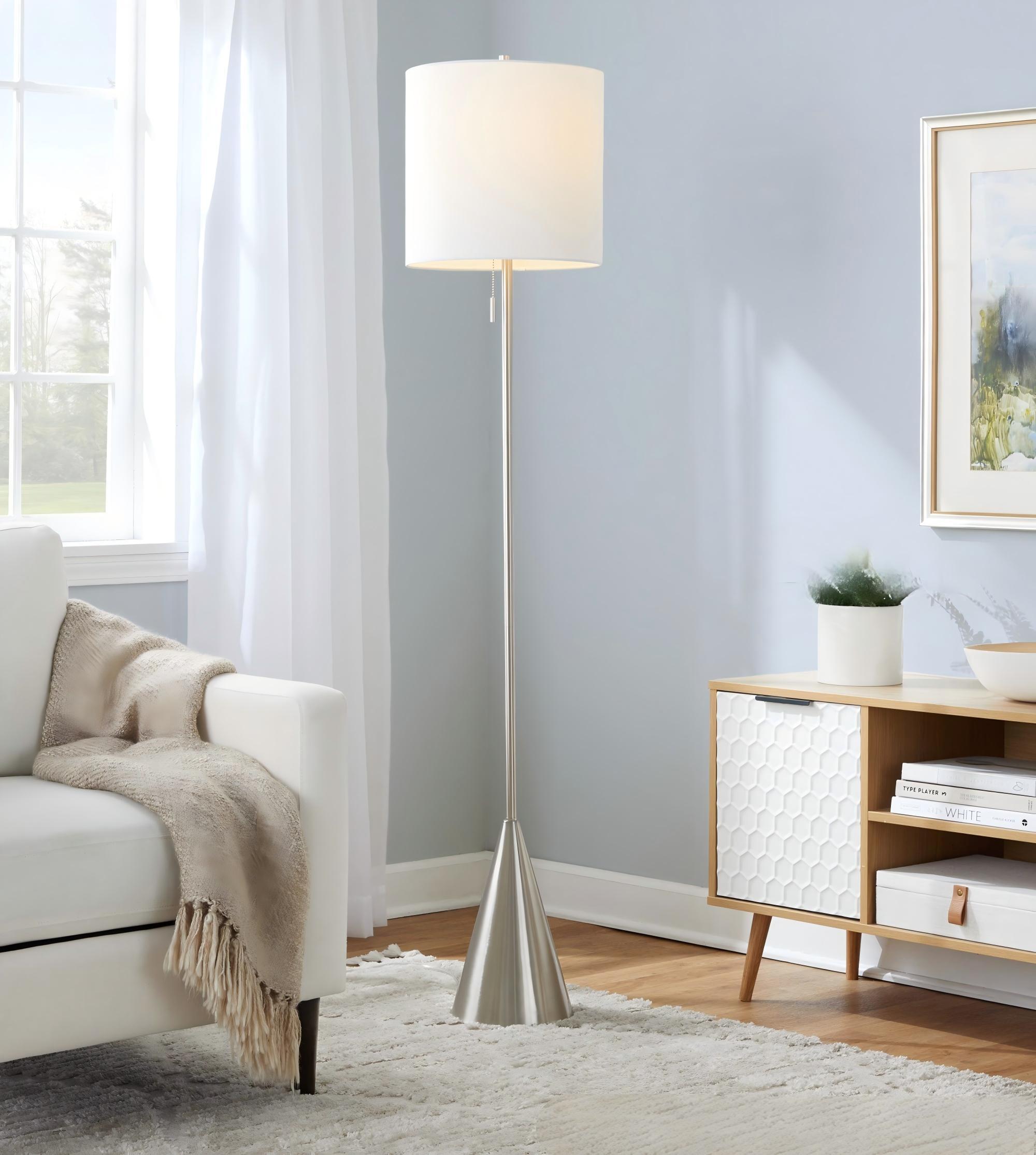 Floor Lamp with White Linen Shade in Brushed Nickel