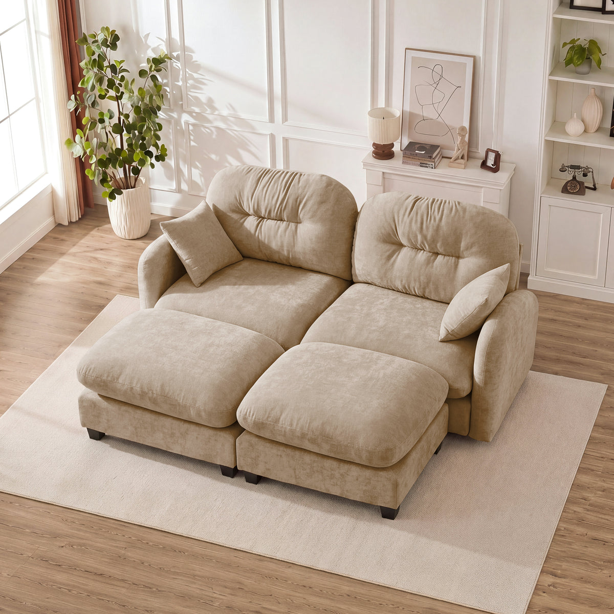 Camel Chenille Sectional Couch with 2 Ottomans