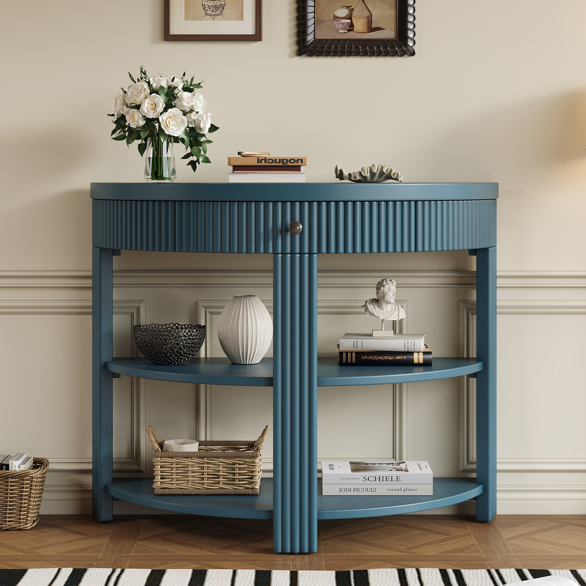 Navy Fluted Entryway Console Table with Storage, 37 in Wide