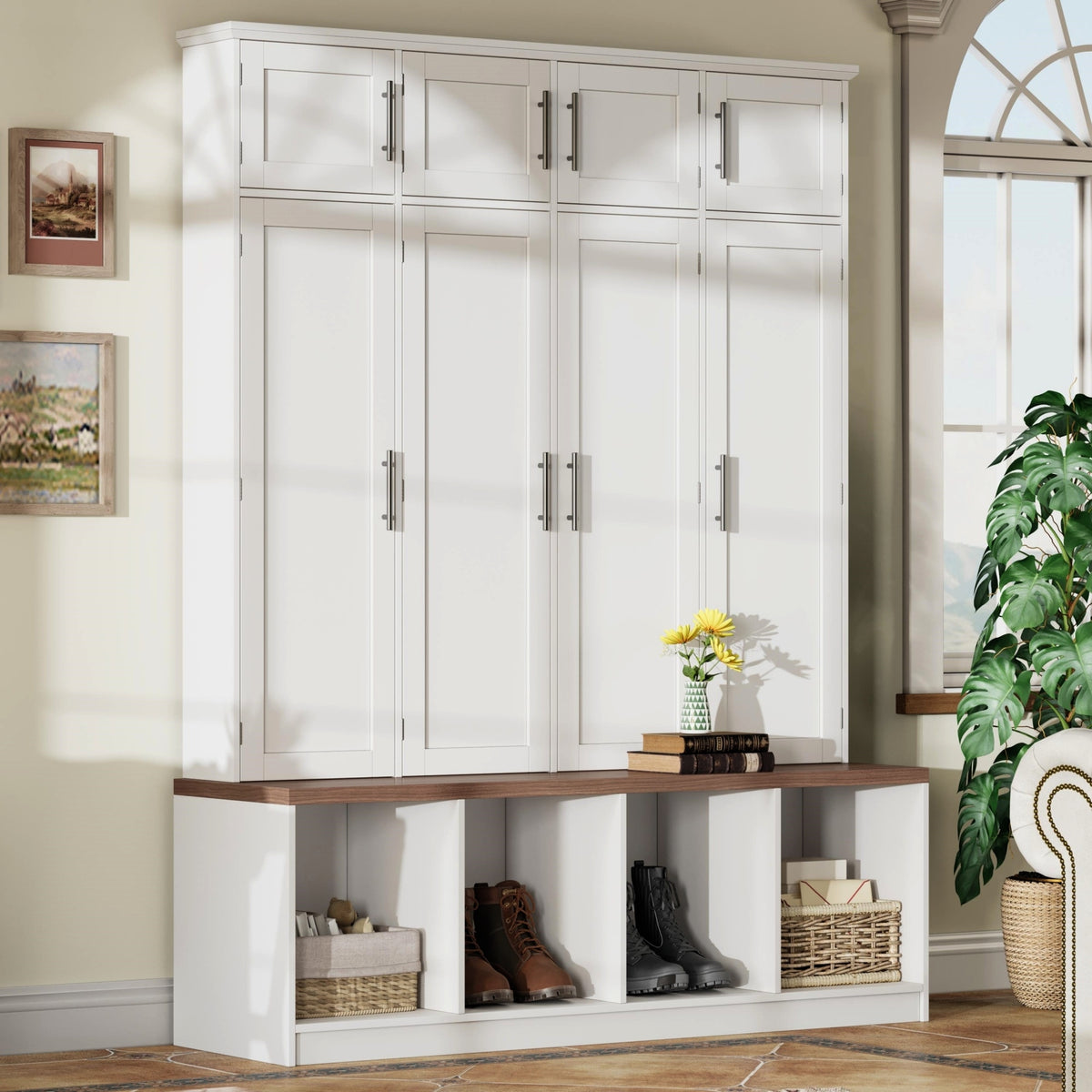 White Hall Tree with Bench and Shoe Storage, 59 in Wide, 75 in Tall