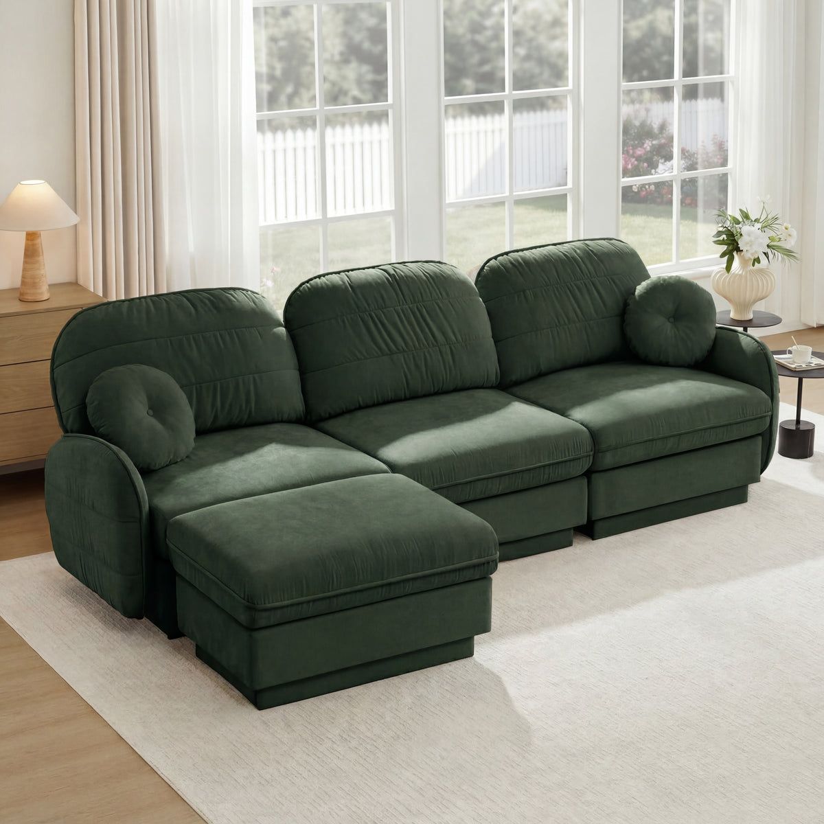 Green Chenille Sectional Couch with Ottoman, 105 in Wide