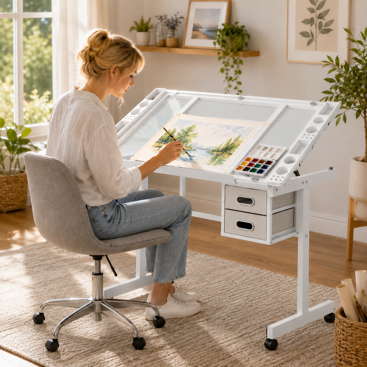 Rolling Office Desk, 40.6 in, White