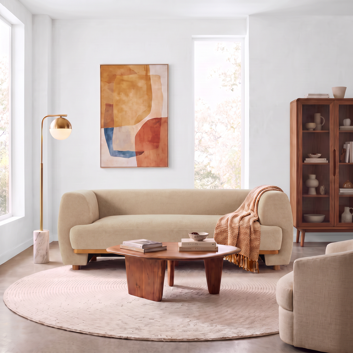 Velvet 3-Seat Curved Sofa, 79 in Wide
