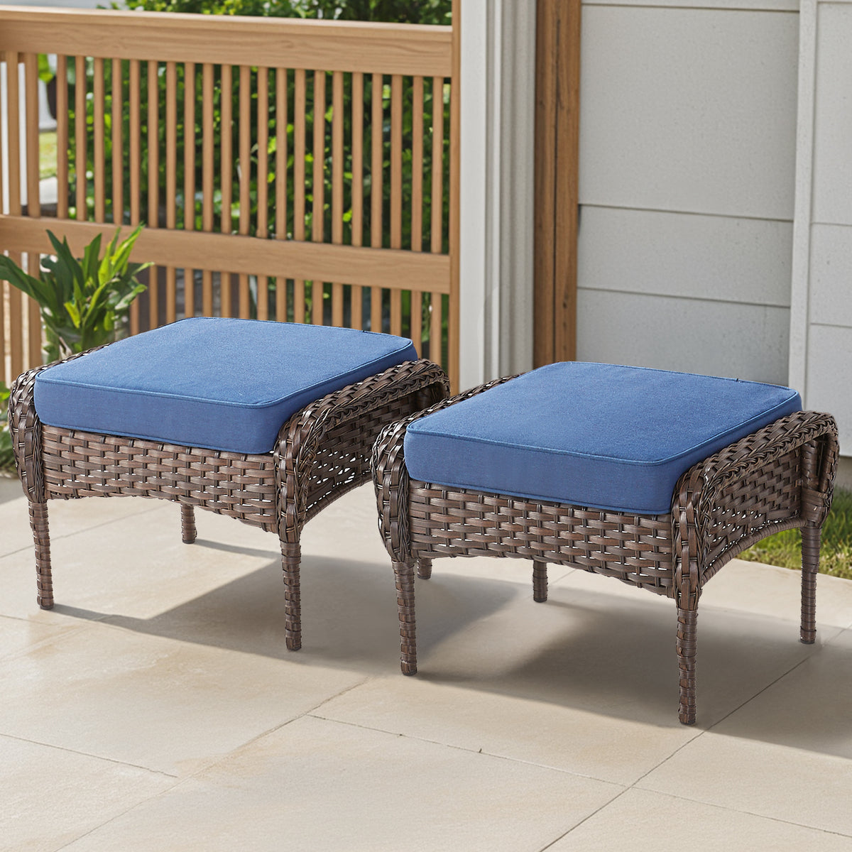 Wicker Outdoor Ottoman with Blue Cushions, Set of 2, 15.8 in Tall, Brown Wicker