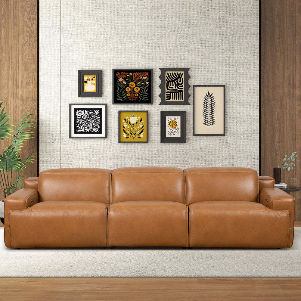 Tan Genuine Leather Power Reclining Sofa, 120 in Wide