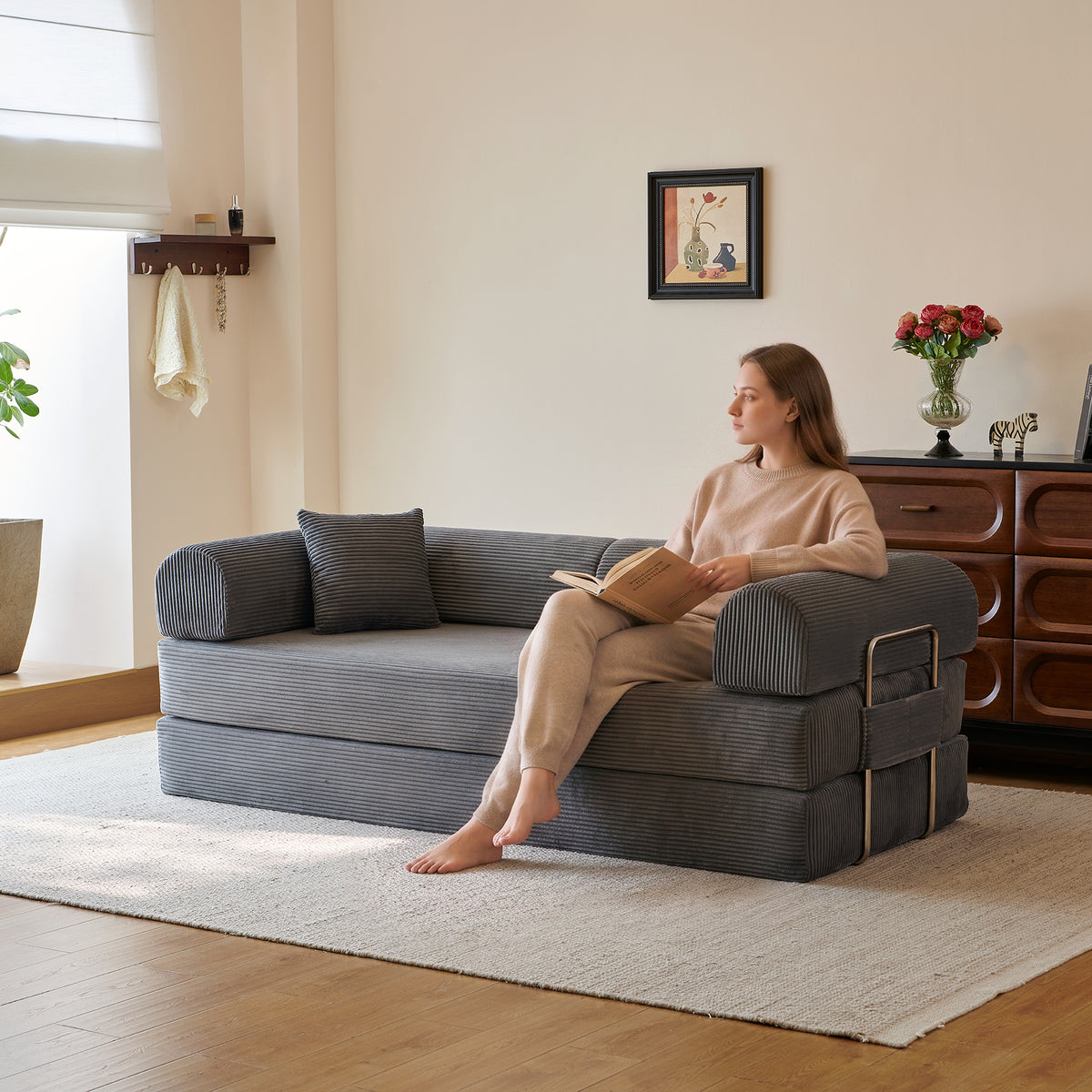 Gray Corduroy Modular Sleeper Sectional, 78.8 in Wide