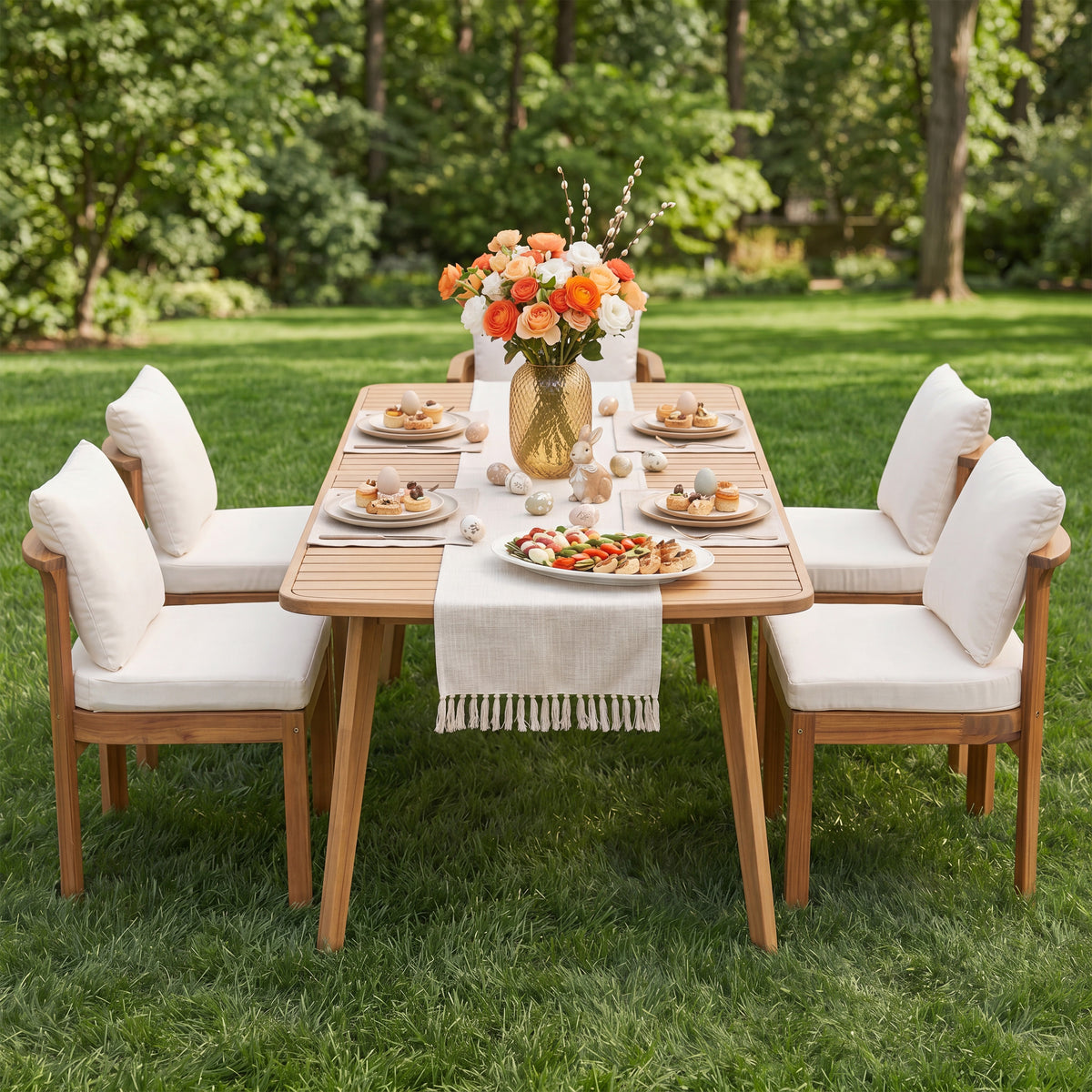 Teak Finish Solid Wood Outdoor Dining Chair with Cream Cushions, Set of 4