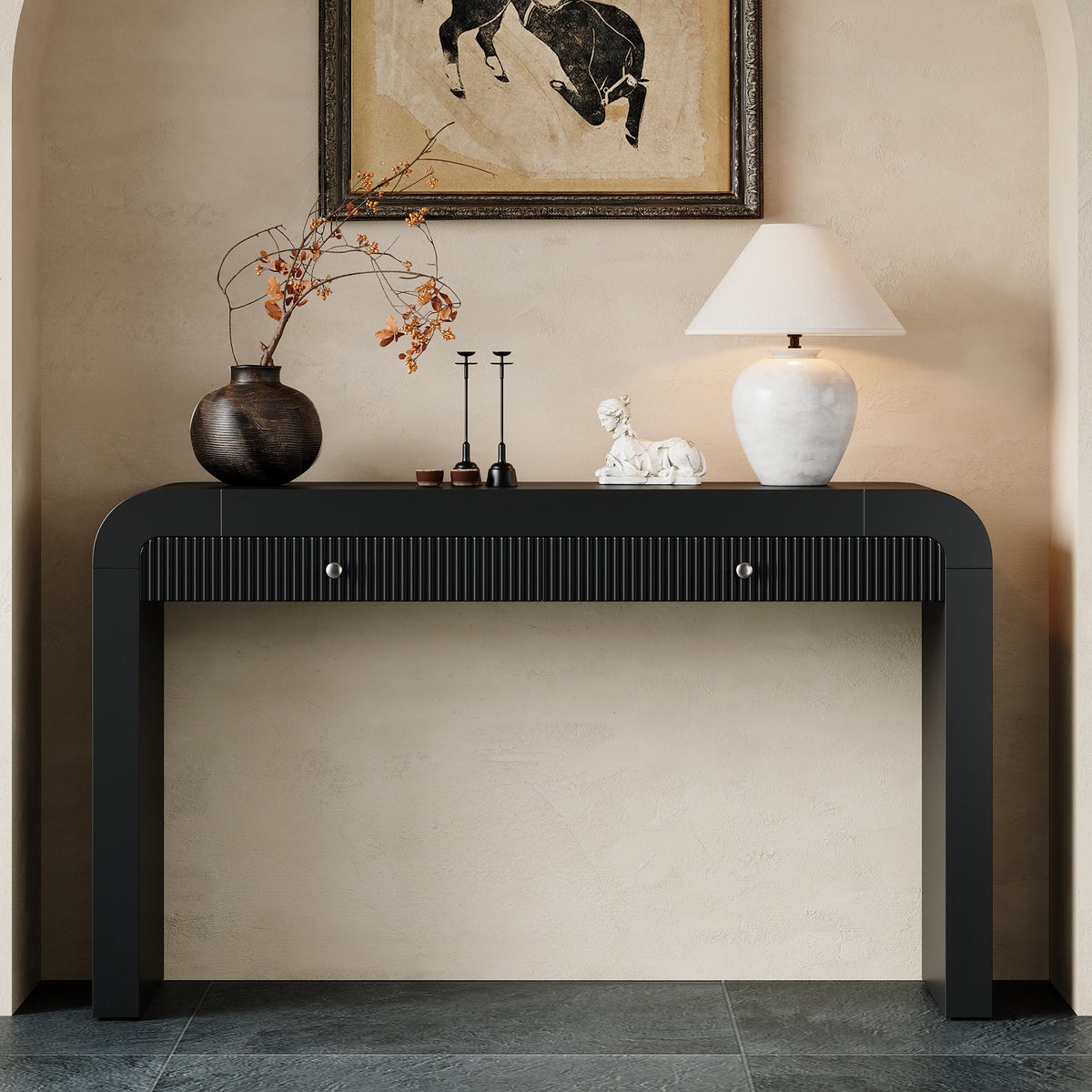 Black Fluted Entryway Console Table with Storage, 54.3 in Wide