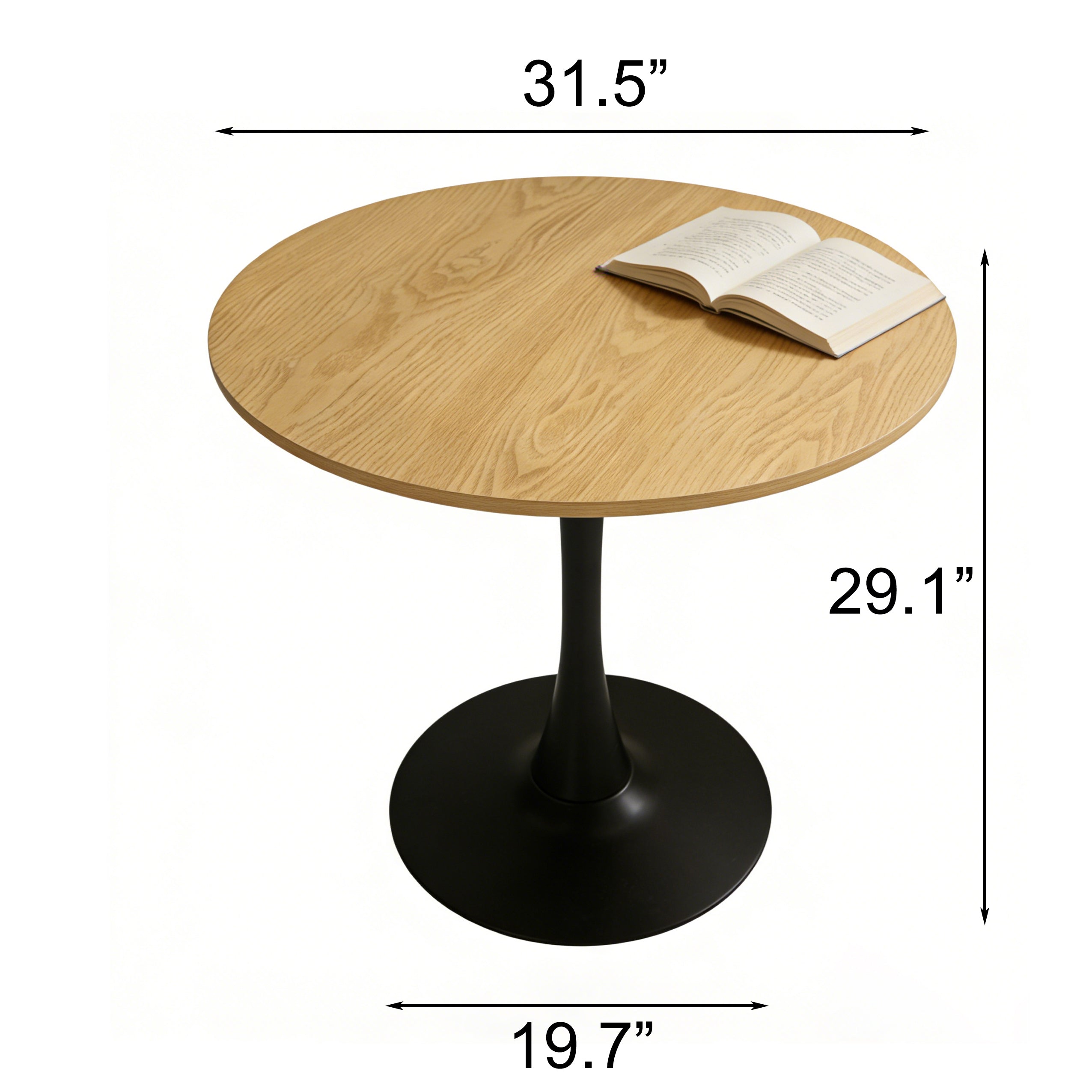 Dimension diagram of the natural round pedestal dining table labeled 31.5 inch, 19.7 inch and 29.1 inch