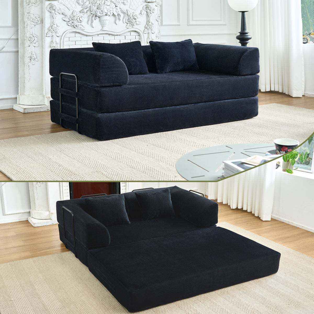 Black Corduroy Sleeper Sofa, No Assembly, 59.1 in Wide