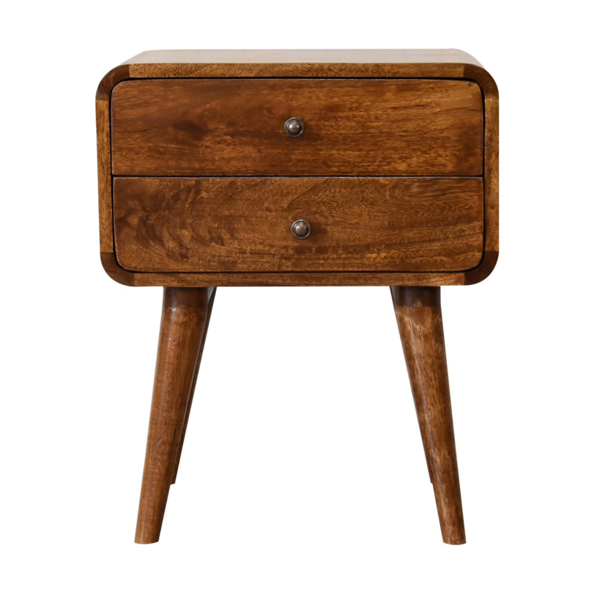 2 Drawer Solid Mango Wood Nightstand with Rounded Edges, Chestnut
