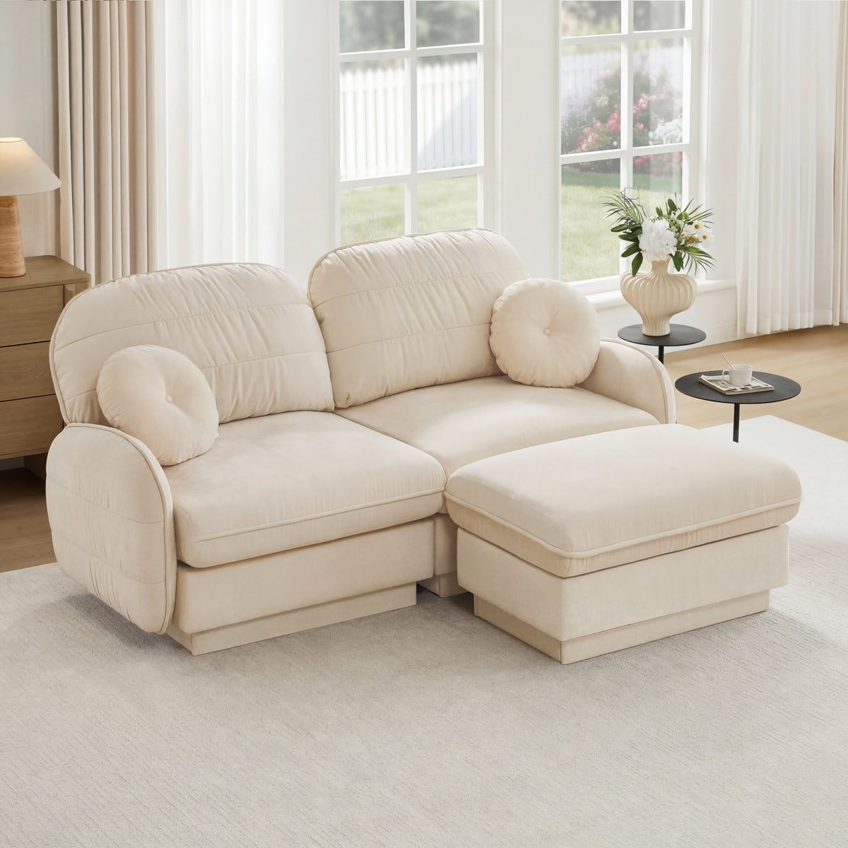 Cream Chenille Sectional Couch with Ottoman, 73.2 in Wide