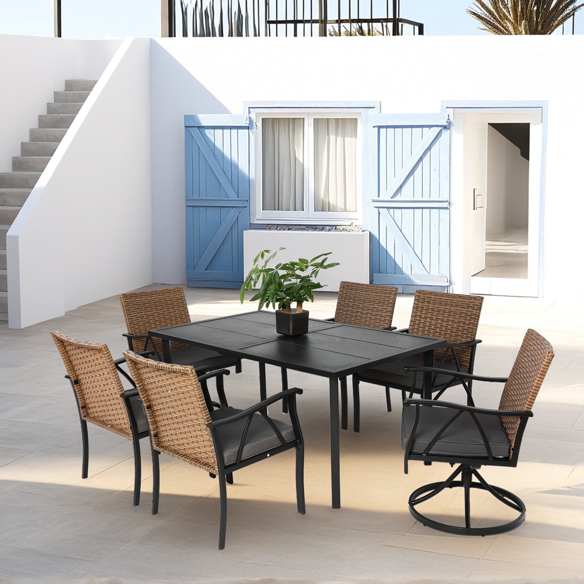 7-Piece Patio Dining Set for 6, Brown Wicker Chairs, Steel Table