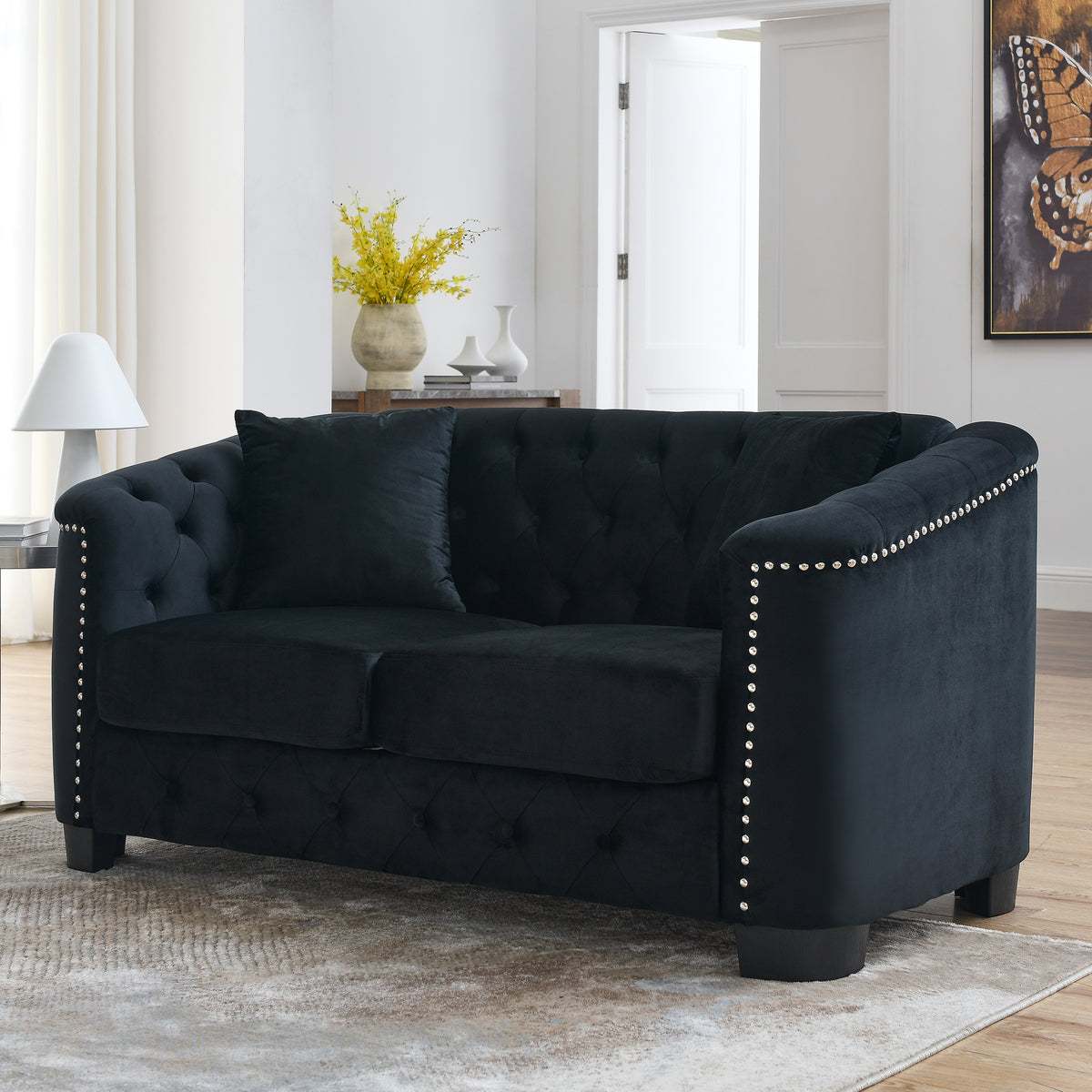 Black Velvet 2-Seat Chesterfield Sofa, 59 in Wide
