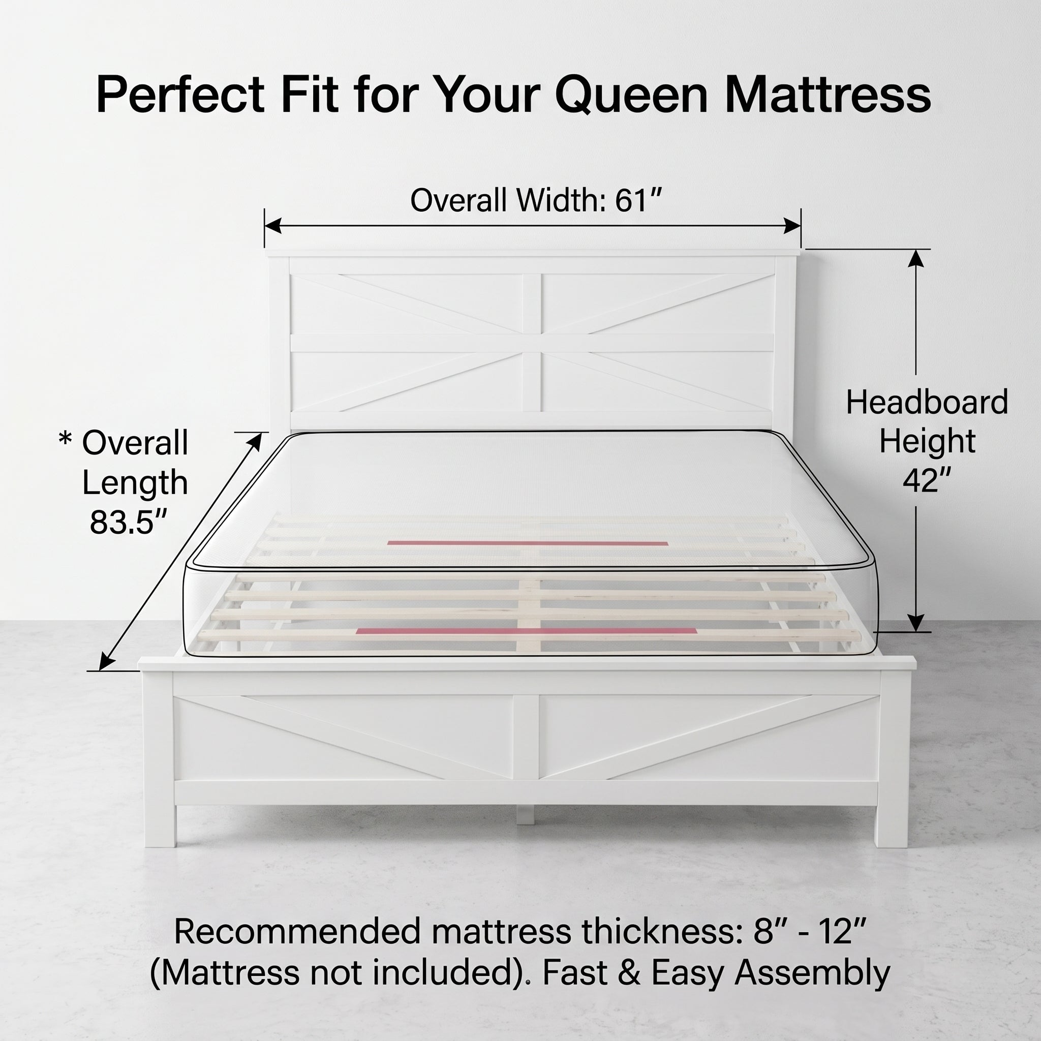 Dimension diagram of the white queen bed frame: 83.5 in long, 61 in wide, 42 in headboard height