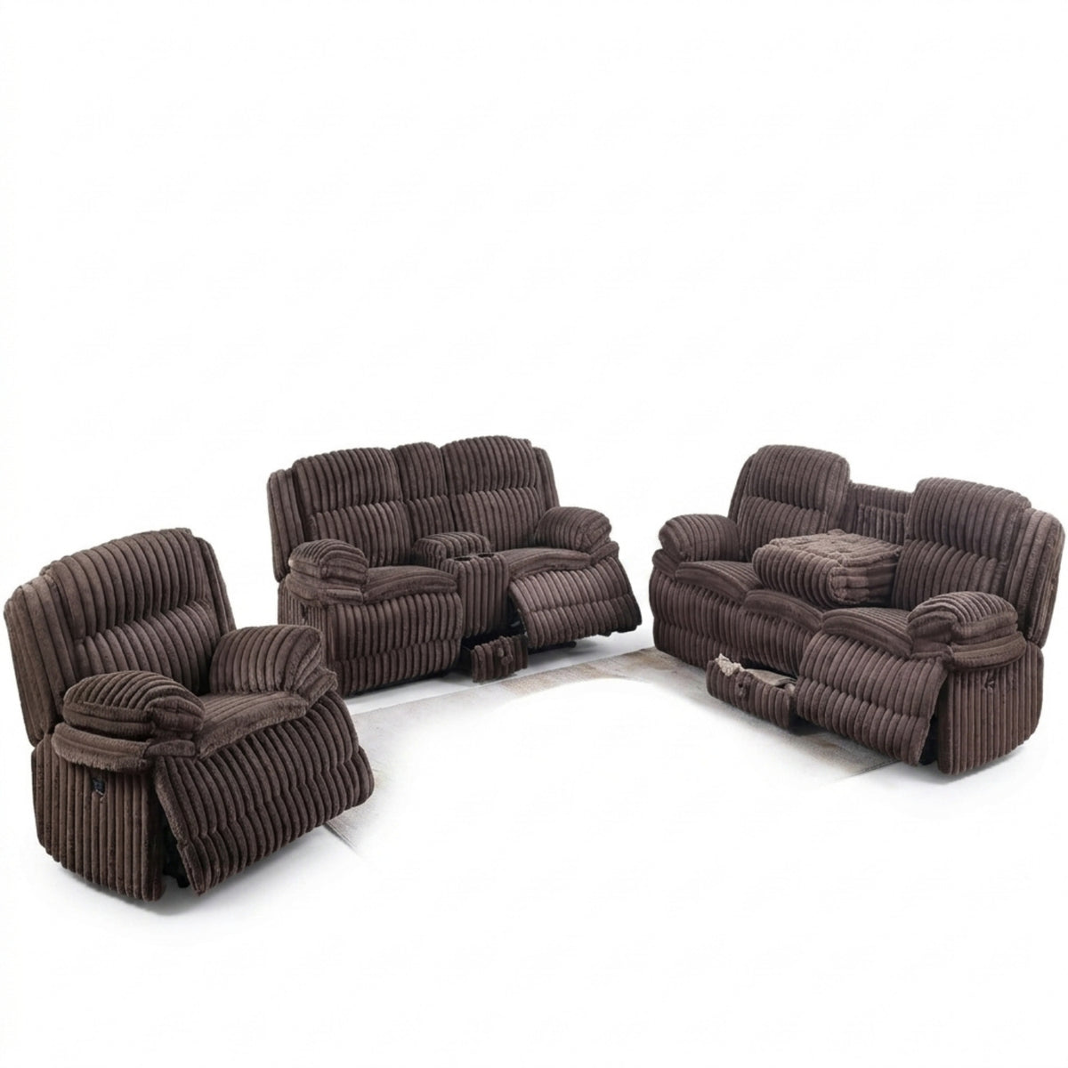 Chocolate Corduroy Reclining 3-Piece Living Room Set with Console