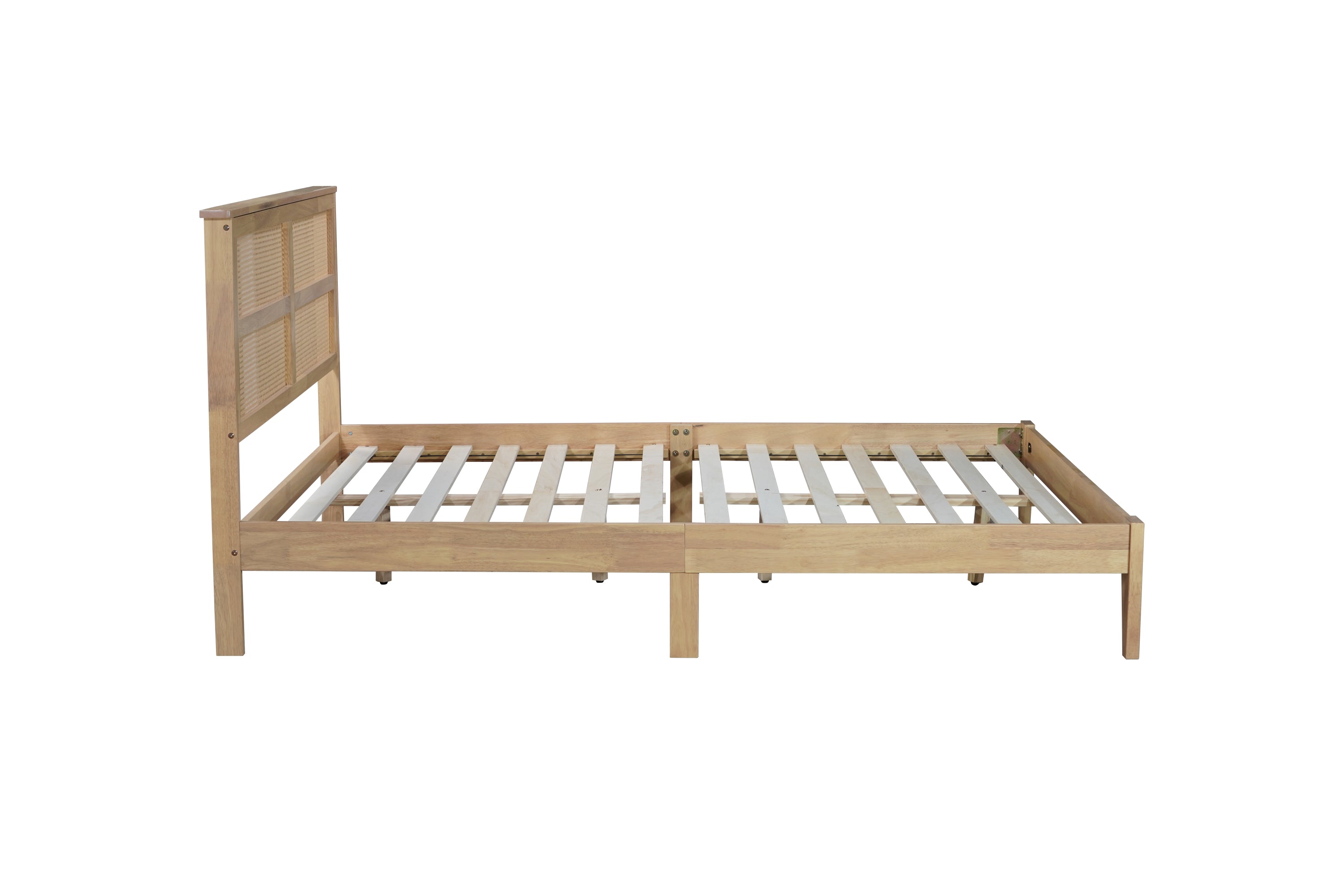 Side profile of the bare natural queen wood bed frame showing rail height and tapered legs