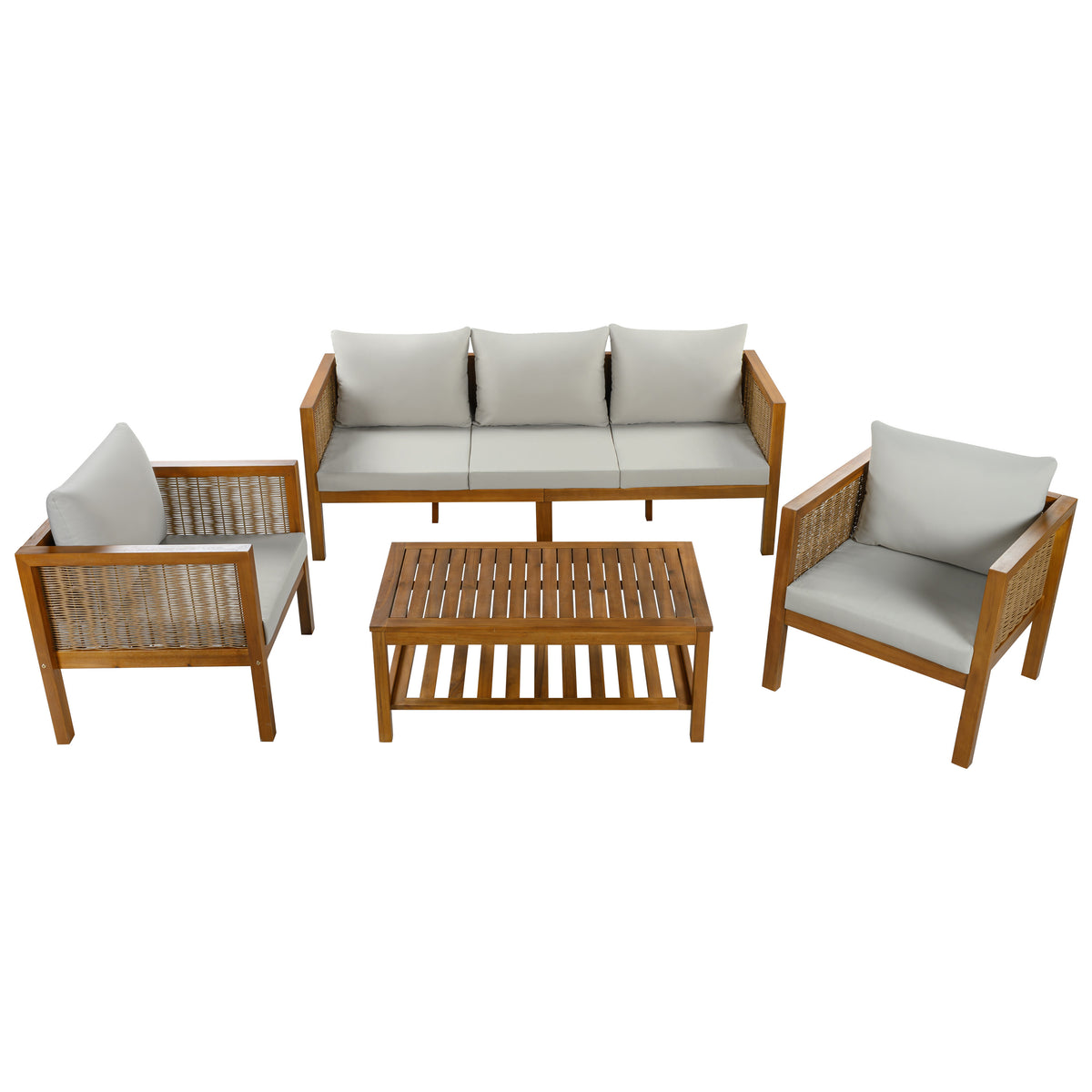 Natural Solid Wood 4-Piece Outdoor Sofa Set for 5 with Gray Cushions