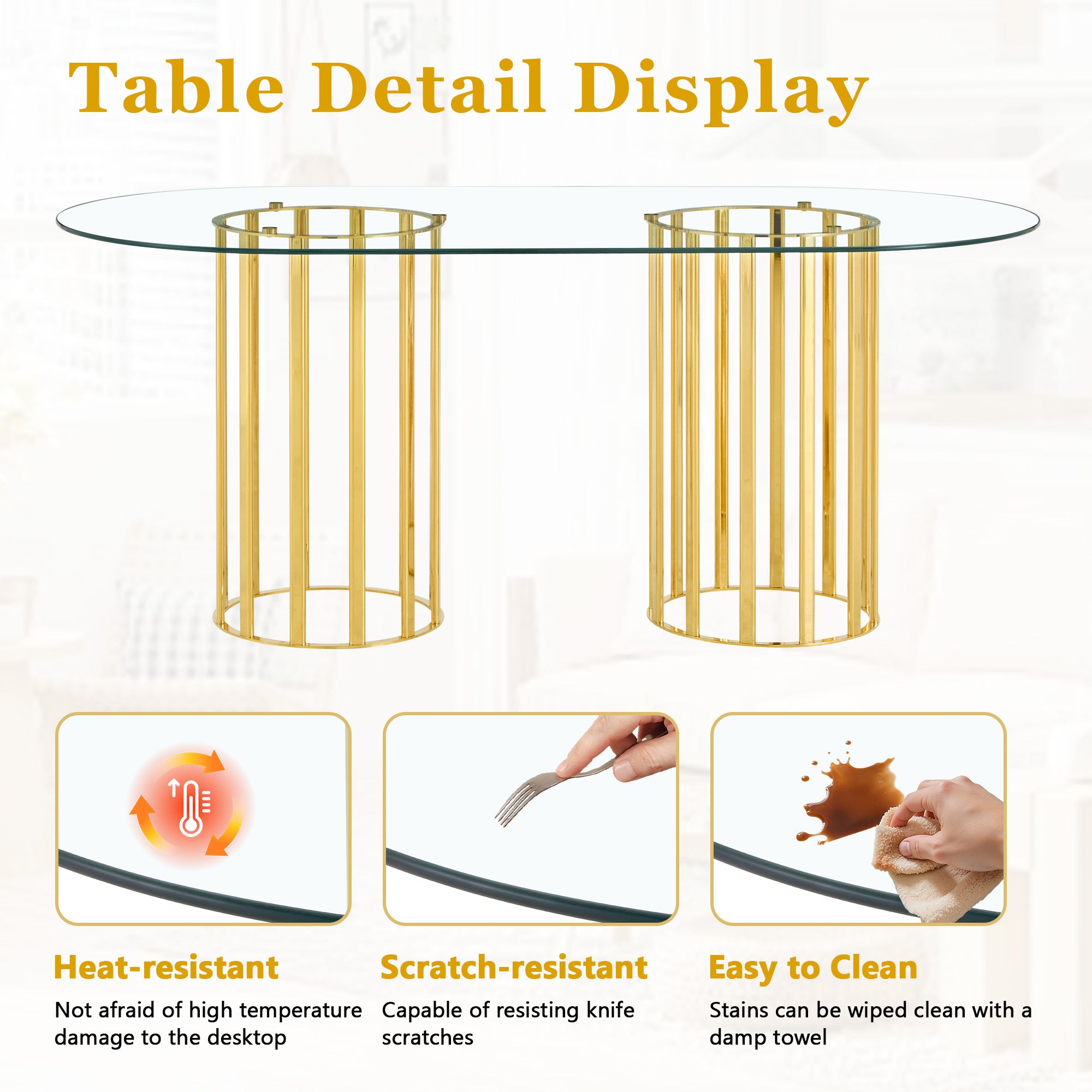 Feature graphic noting the tempered glass top is heat resistant, scratch resistant, and easy to clean