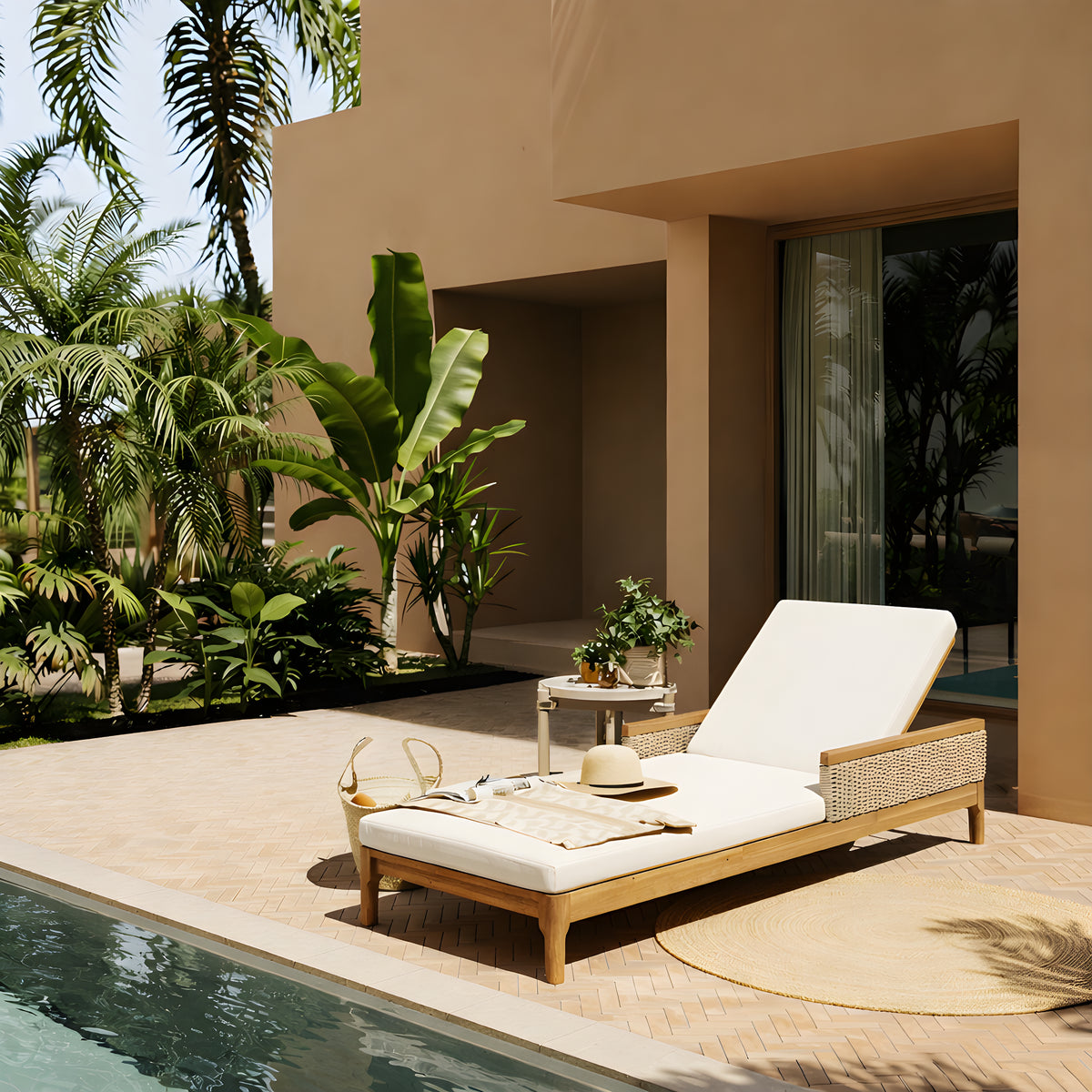 Natural Solid Wood Outdoor Chaise Lounge with Beige Cushions