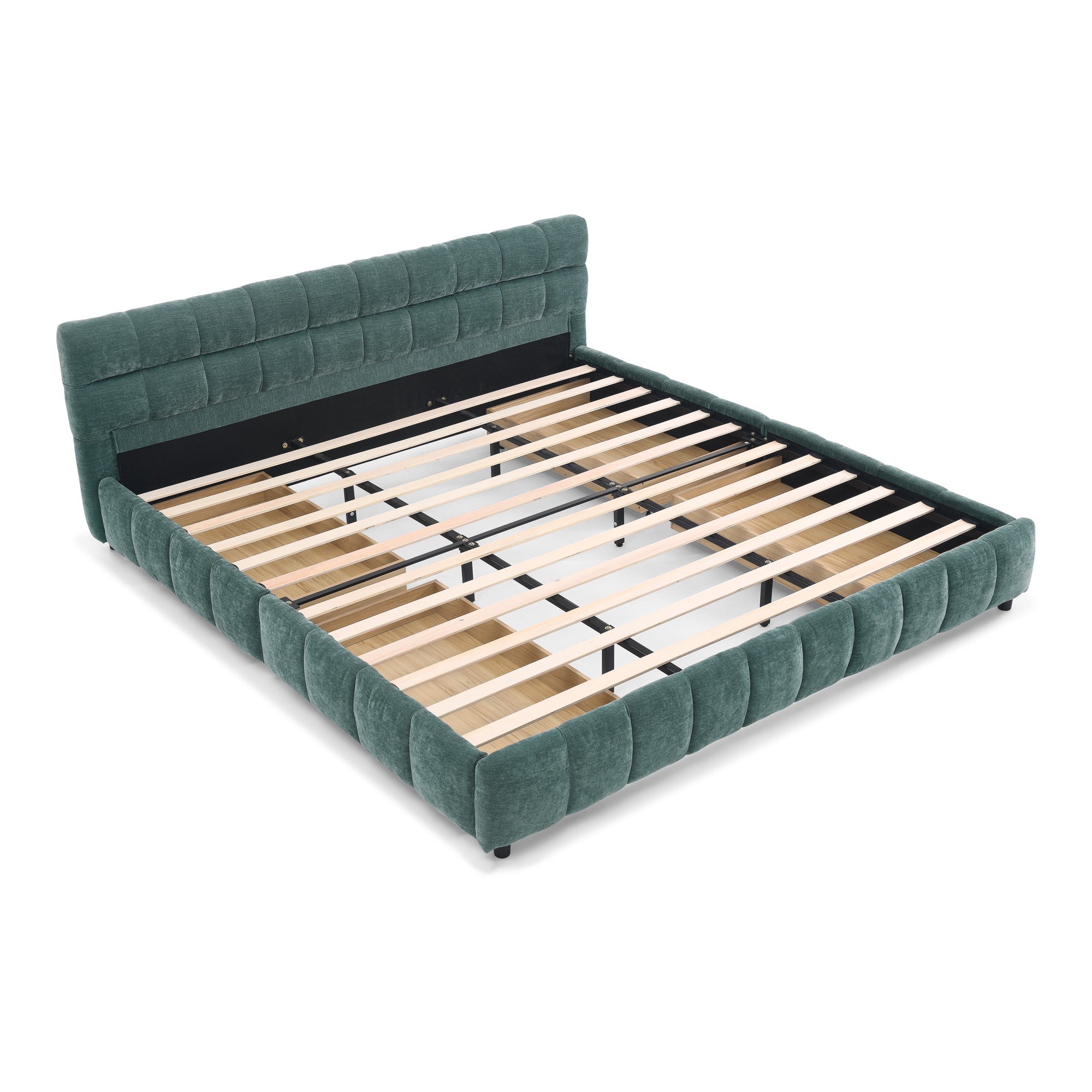 Blue-green chenille bed frame with wood slats, angled white background view