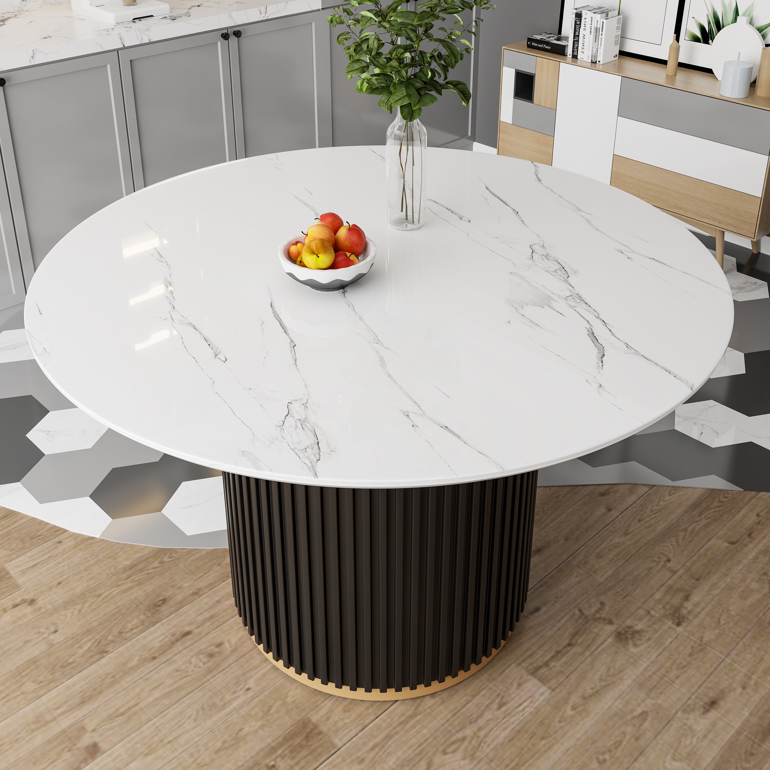 Overhead view of white faux marble round dining table with black fluted base in a gray kitchen