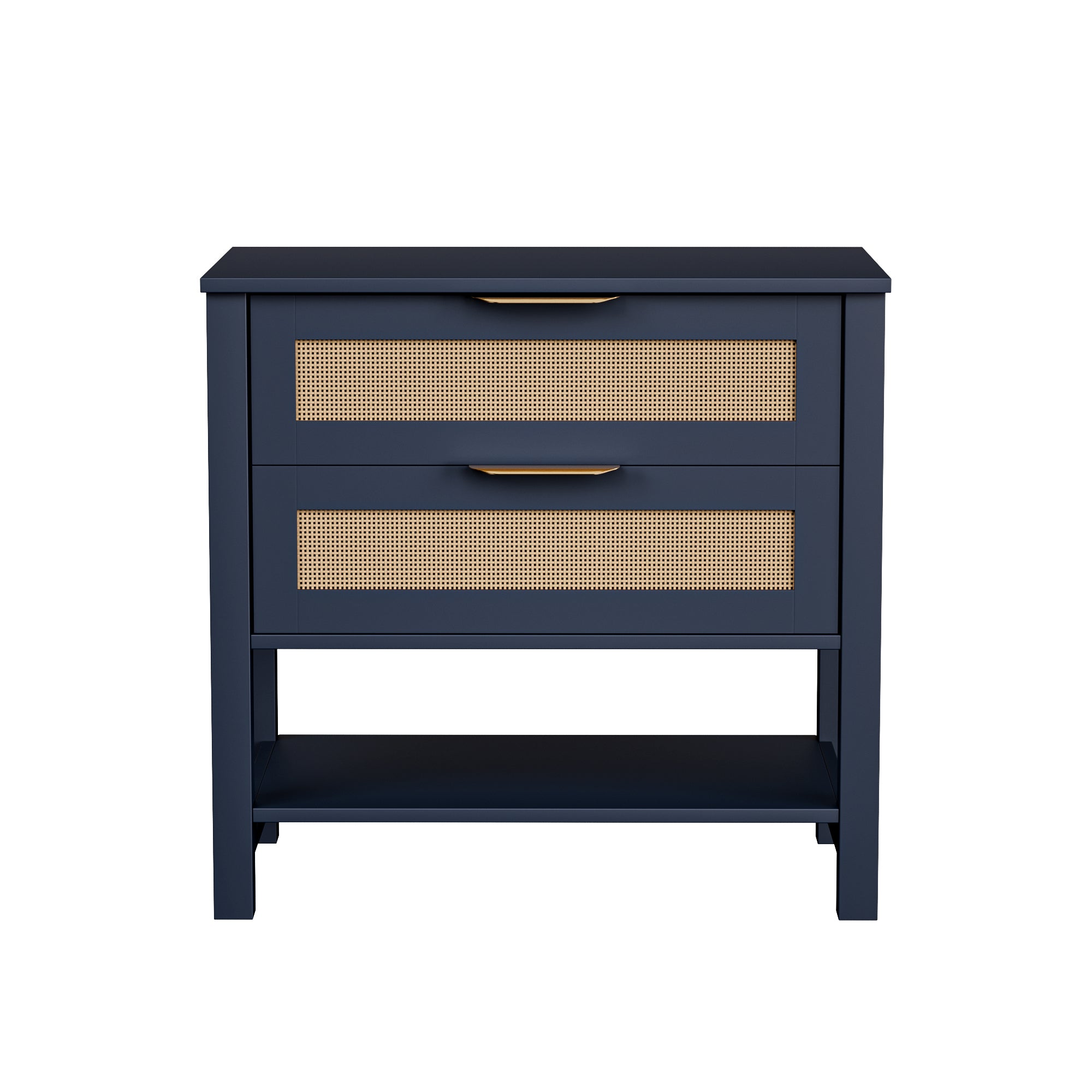 Navy Blue Rattan Nightstand with 2 Drawers and Shelf
