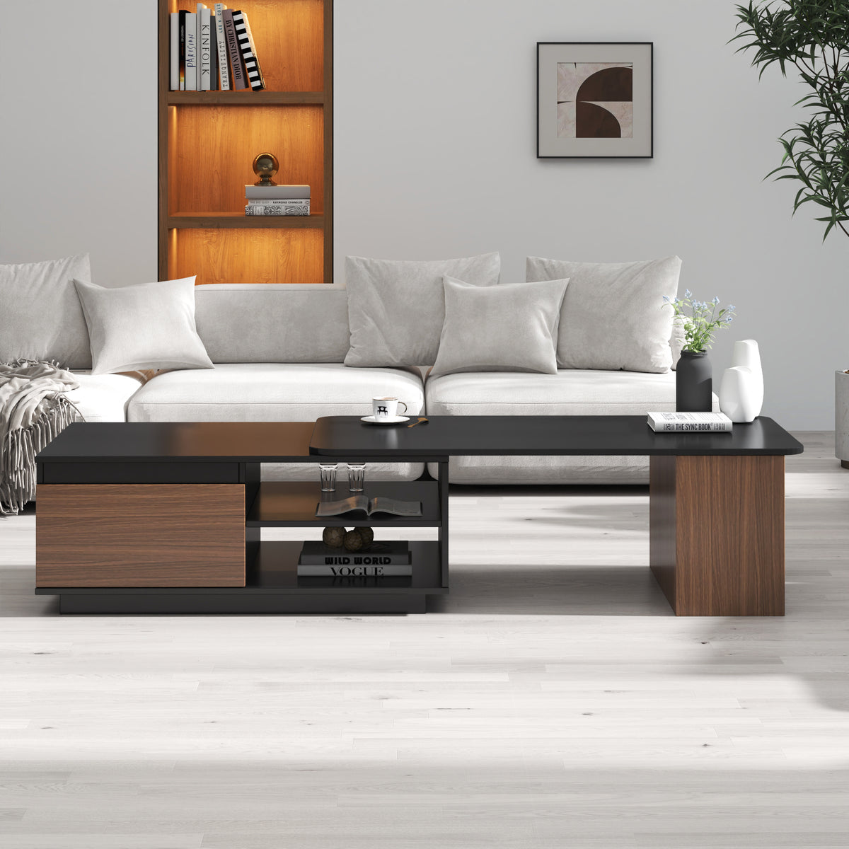 Black Rectangular Coffee Table with Storage, 47.2 in