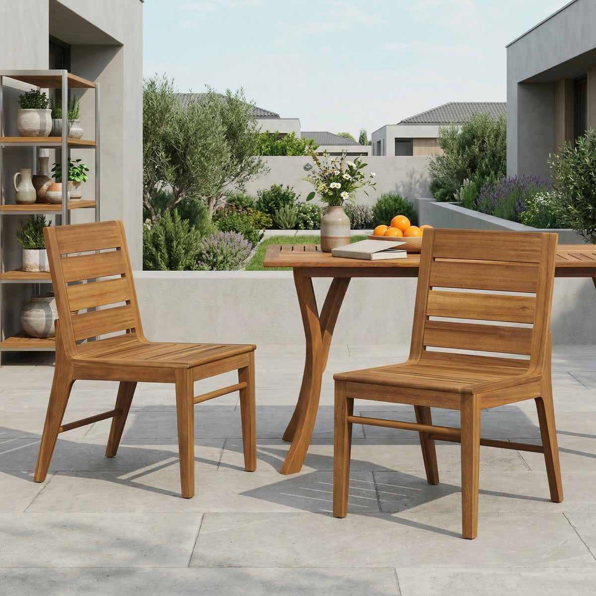 Teak Finish Solid Wood Outdoor Dining Chair, Set of 2, Curved